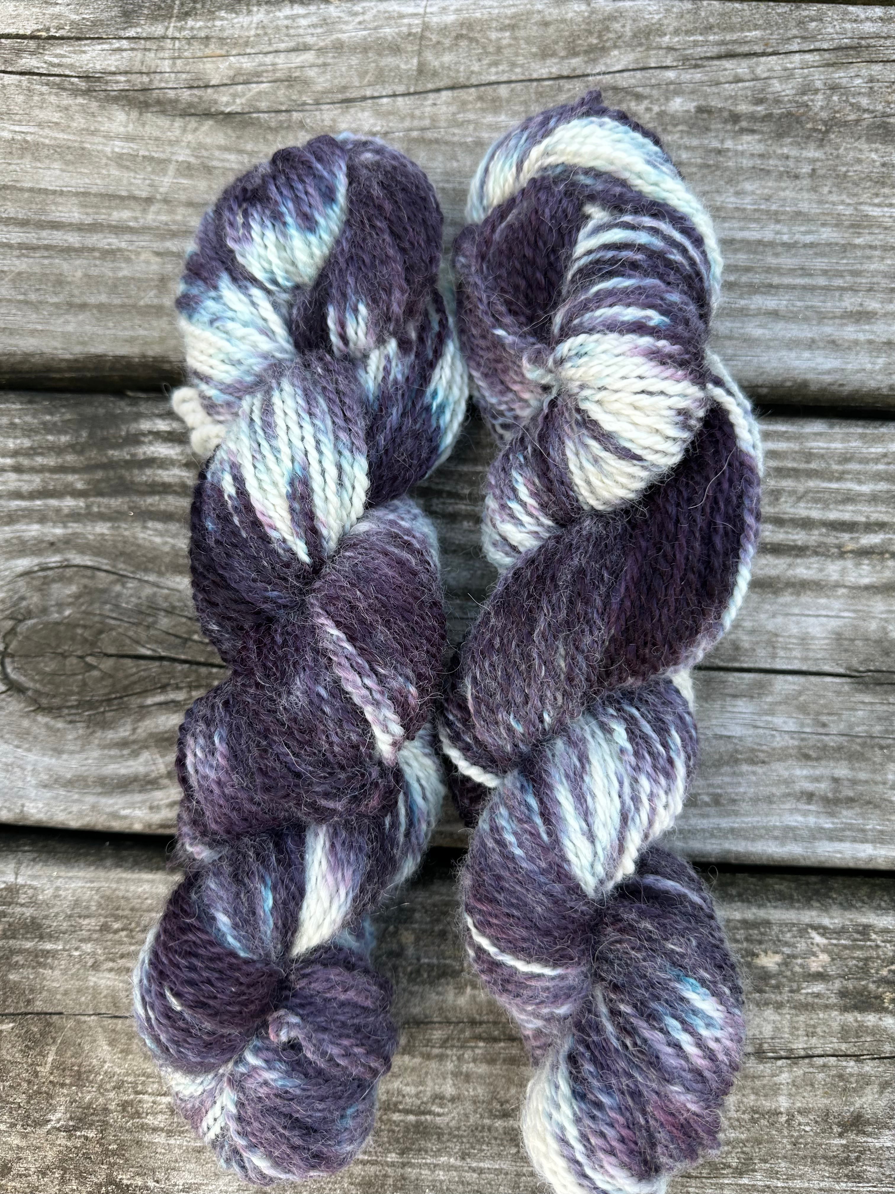 200 yd of worsted 100%  American Alpaca yarn, 2 ply, from our alpacas. Variegated. Hand dyed.