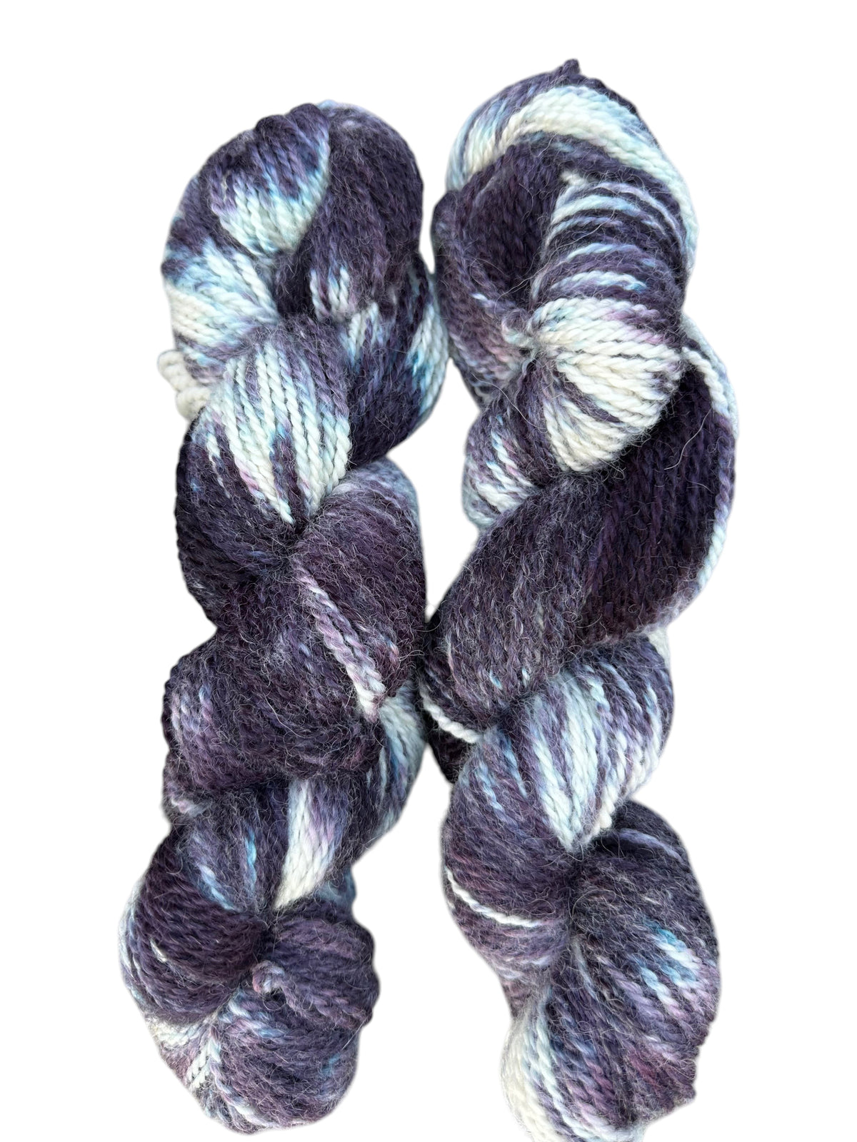 Oak Crest Alpacas and More hand dyed variegated worsted 100% American alpaca yarn in purple and white 2 ply skeins