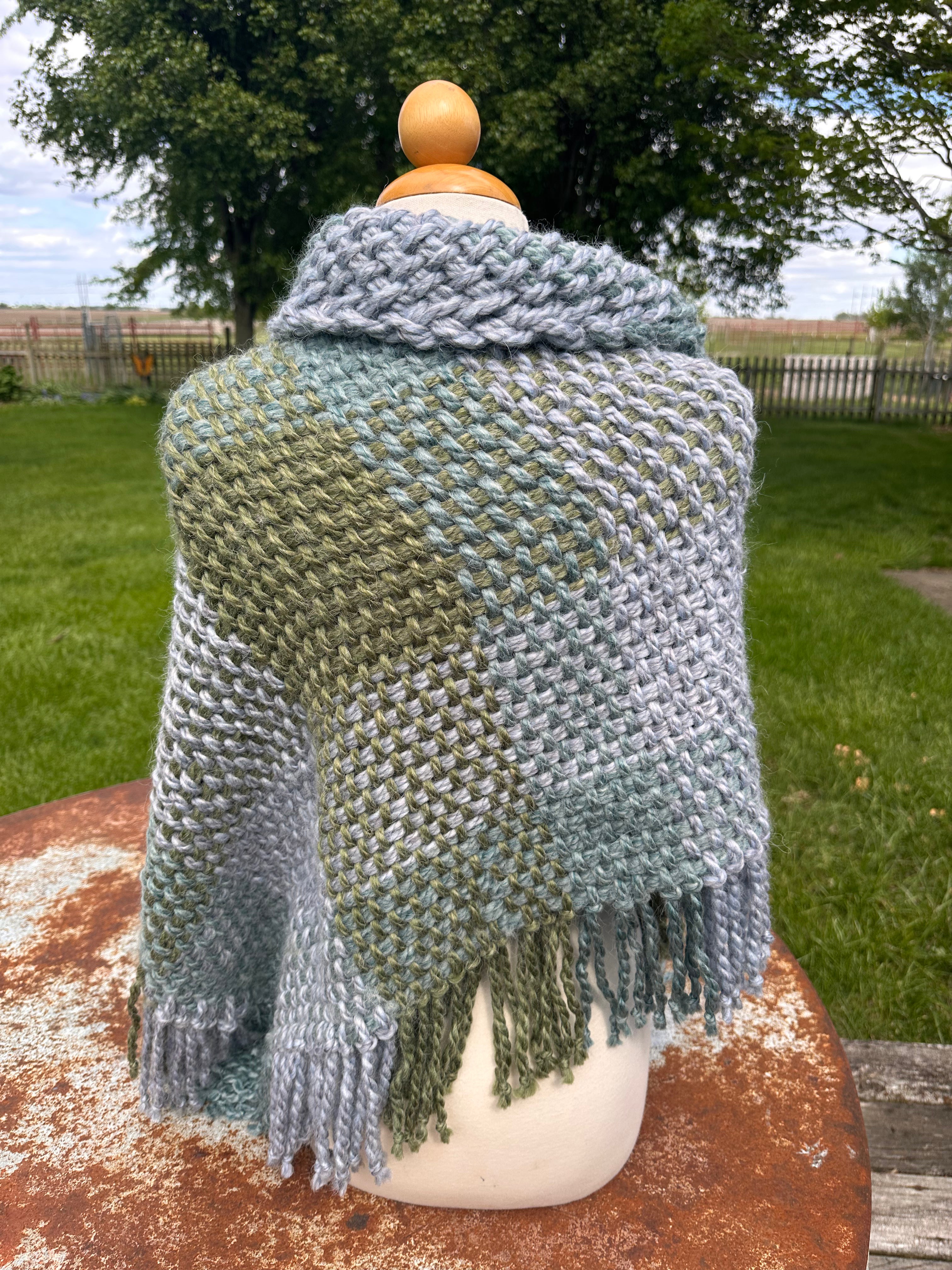 Hand woven alpaca shawl with fringe. 20% Alpaca  plus Acrylic. Chunky yarn.