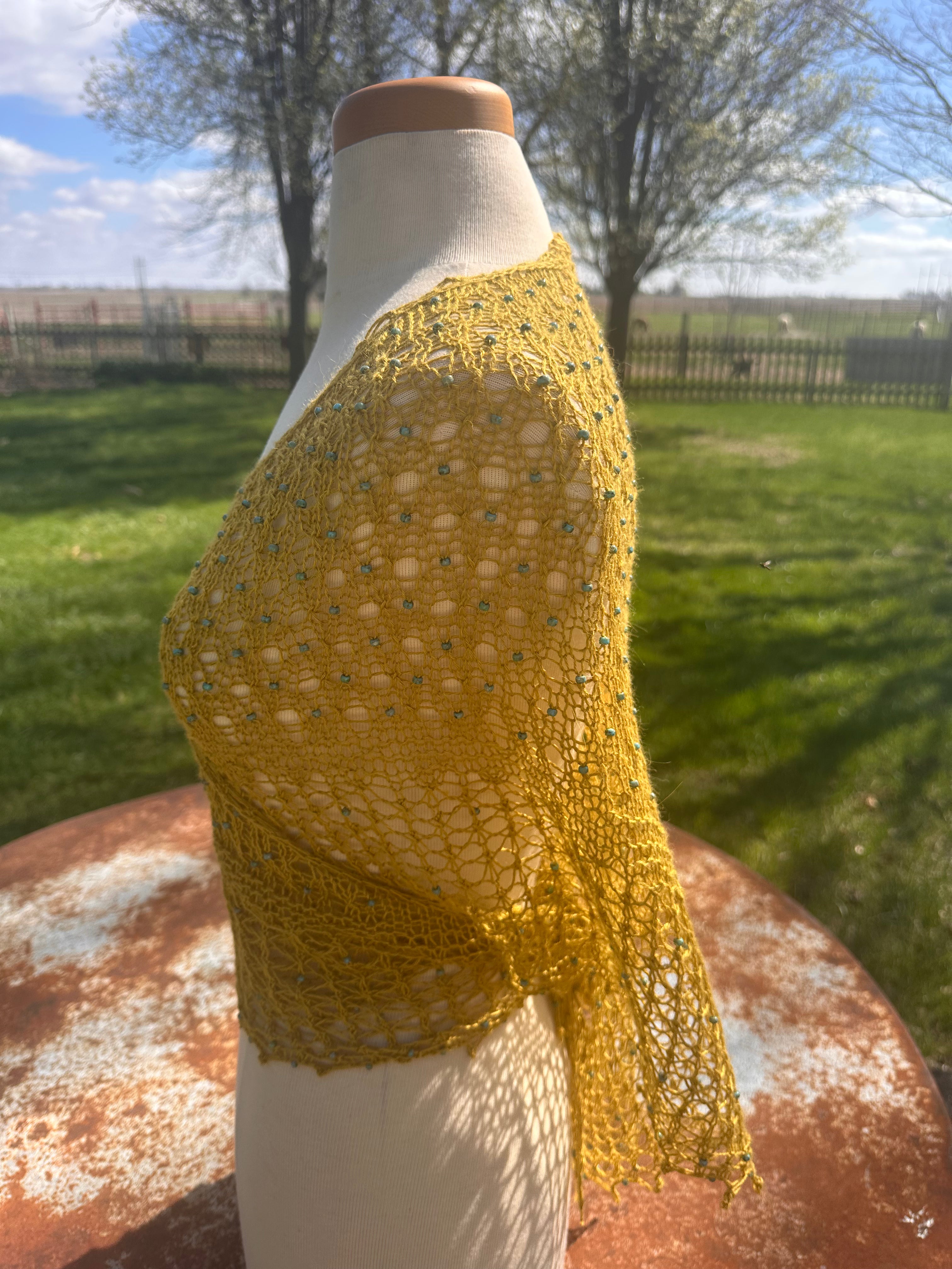 Hand knit Llama/Silk beaded lace shawl. Luxury.