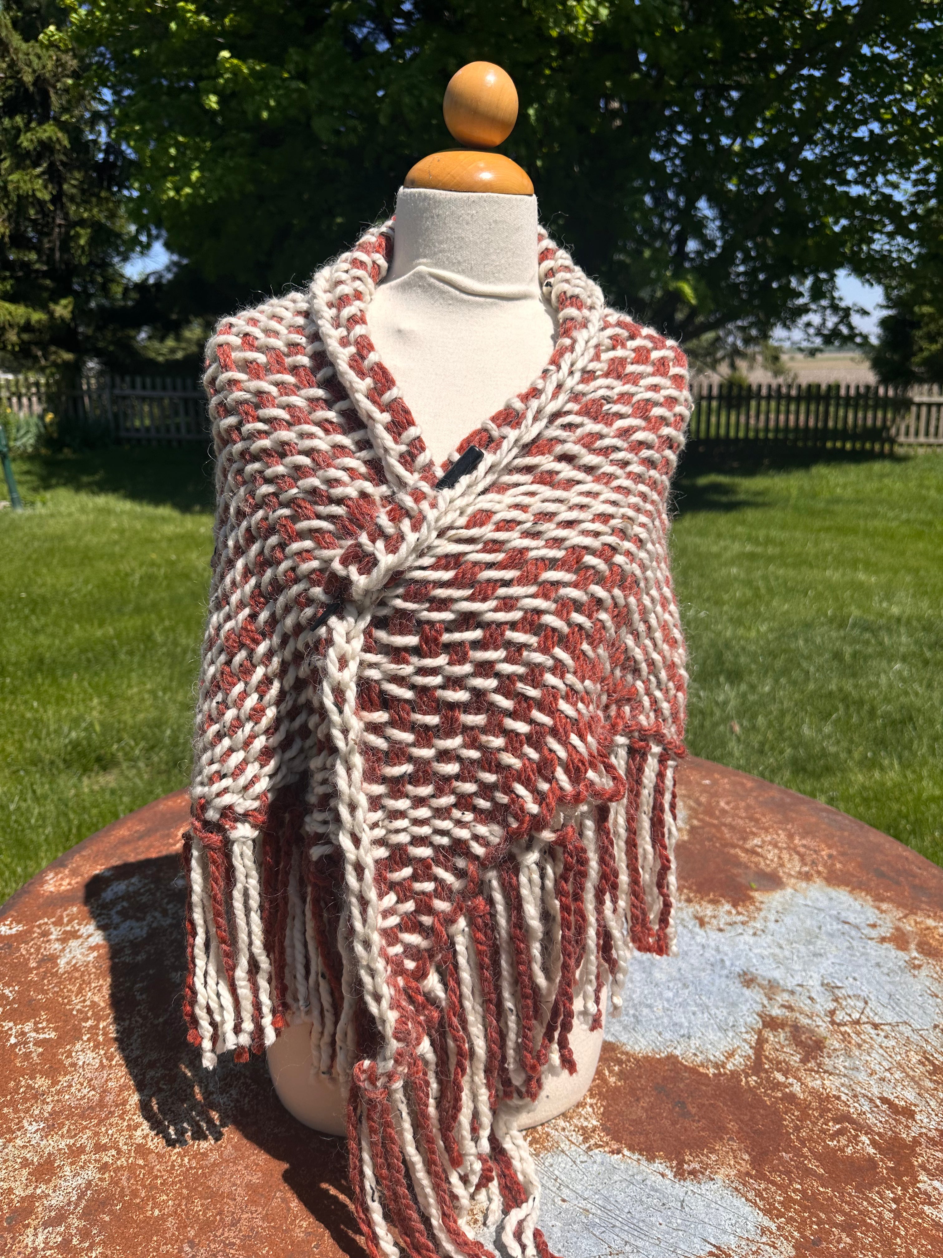 Hand woven alpaca shawl with fringe. 20% Alpaca  plus Acrylic. Chunky yarn.