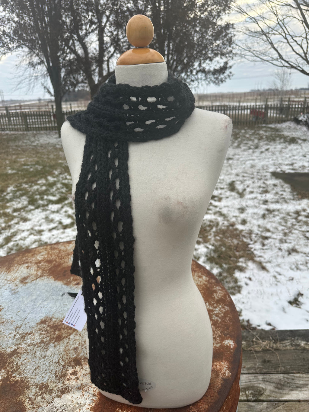 Black lacey Alpaca scarf. Hand knit.