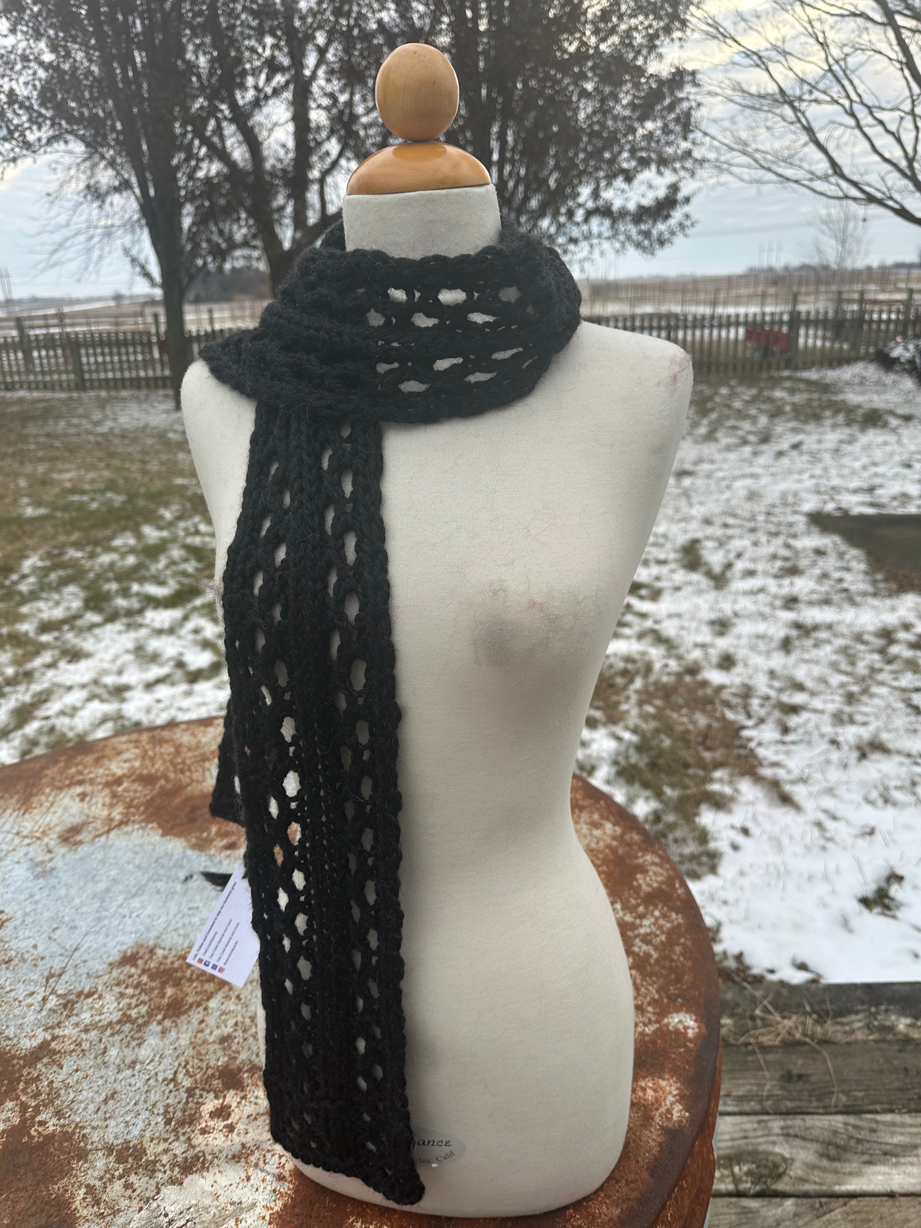 Black lacey Alpaca scarf. Hand knit.