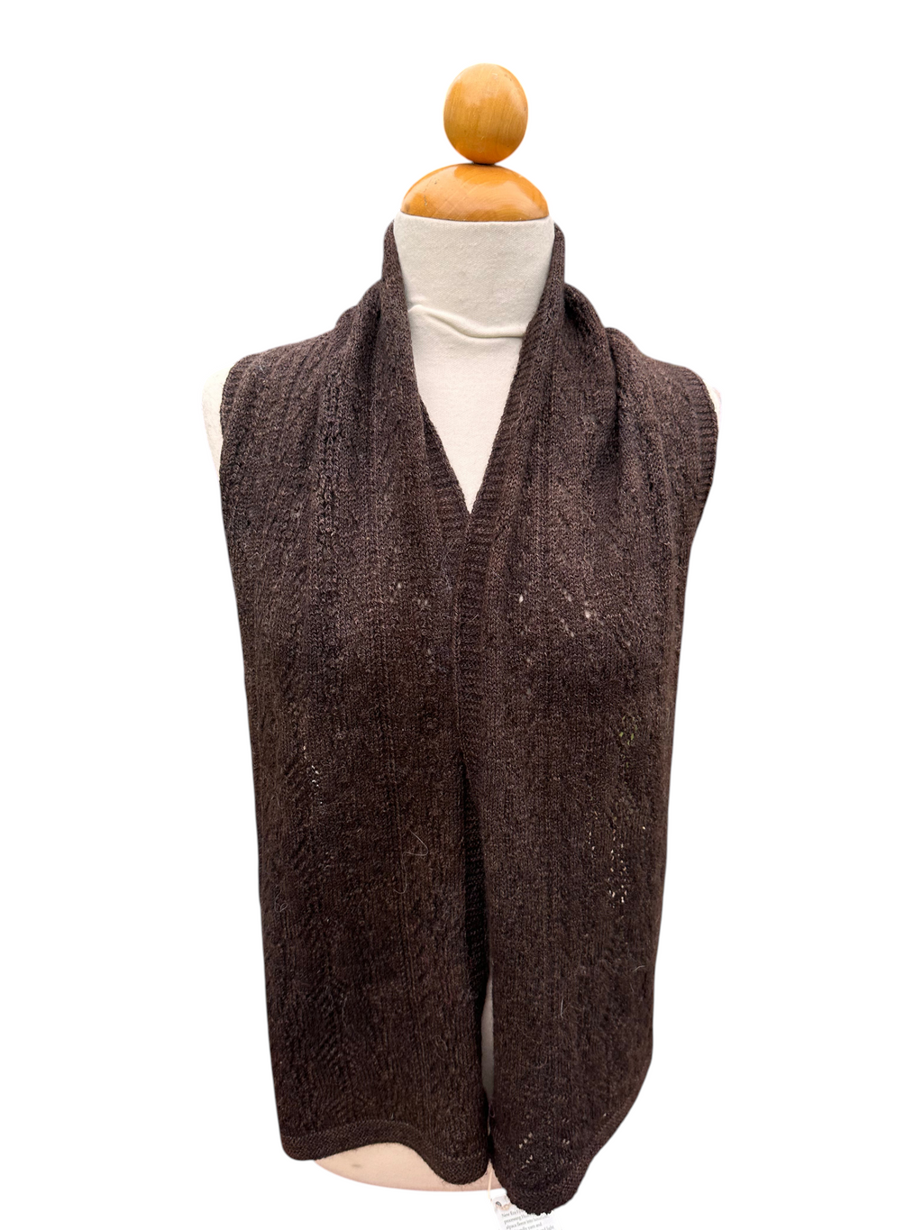 Oak Crest Alpacas and More dark brown 100% alpaca lace knit scarf on a mannequin
