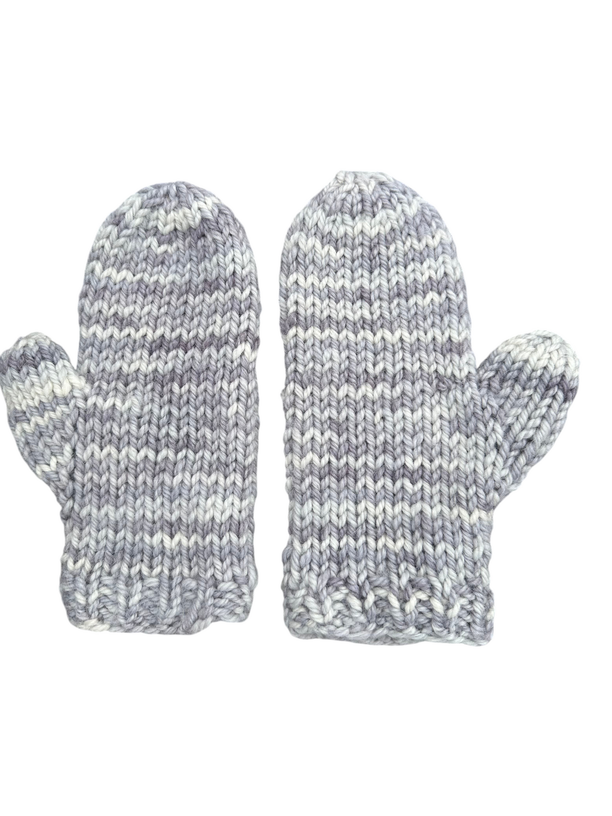 Oak Crest Alpacas and More hand-knit grayish lavender alpaca and merino wool mittens with a chunky textured stitch.