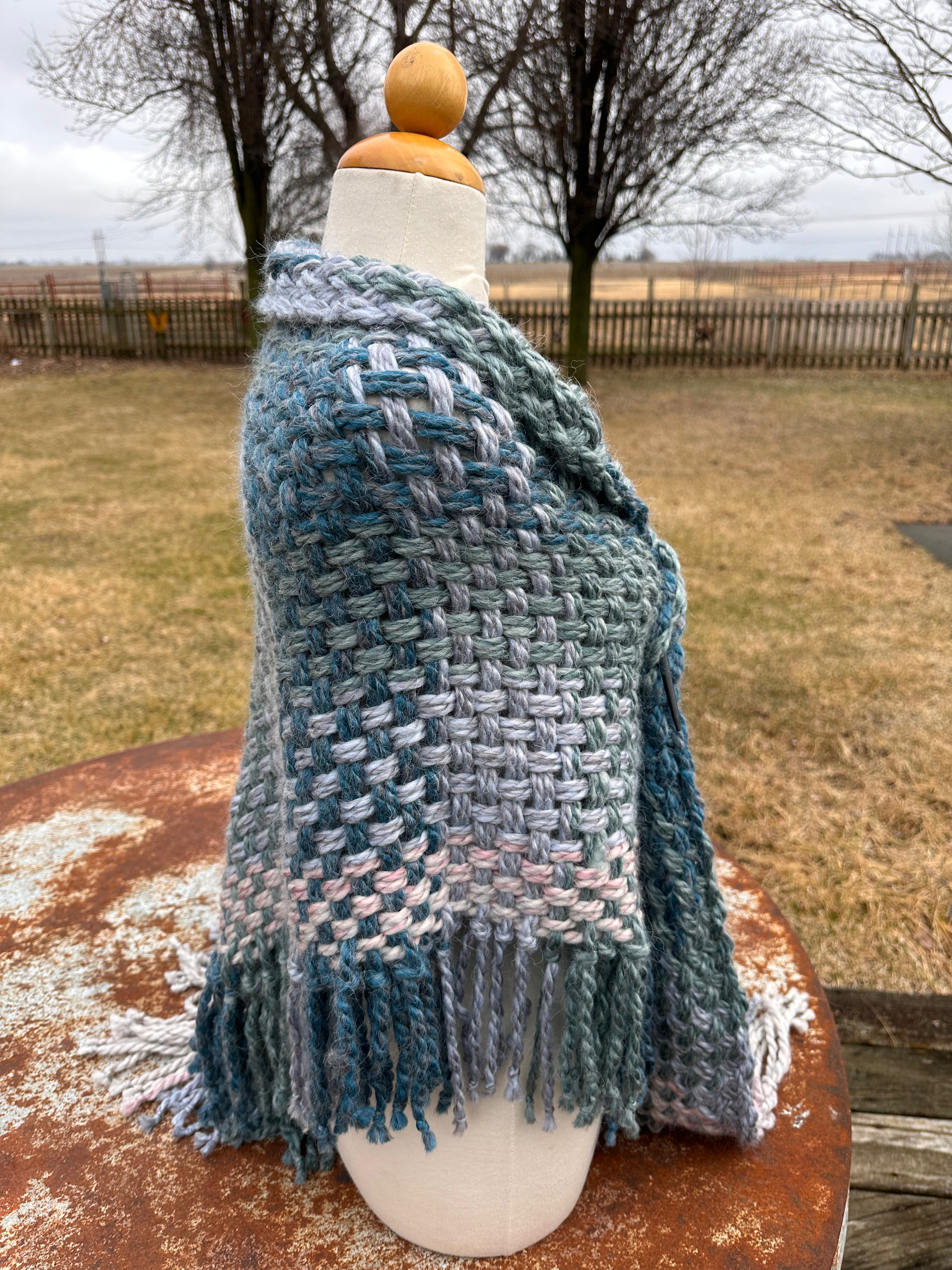 Hand woven alpaca shawl with fringe. 20% Alpaca  plus Acrylic. Chunky yarn.