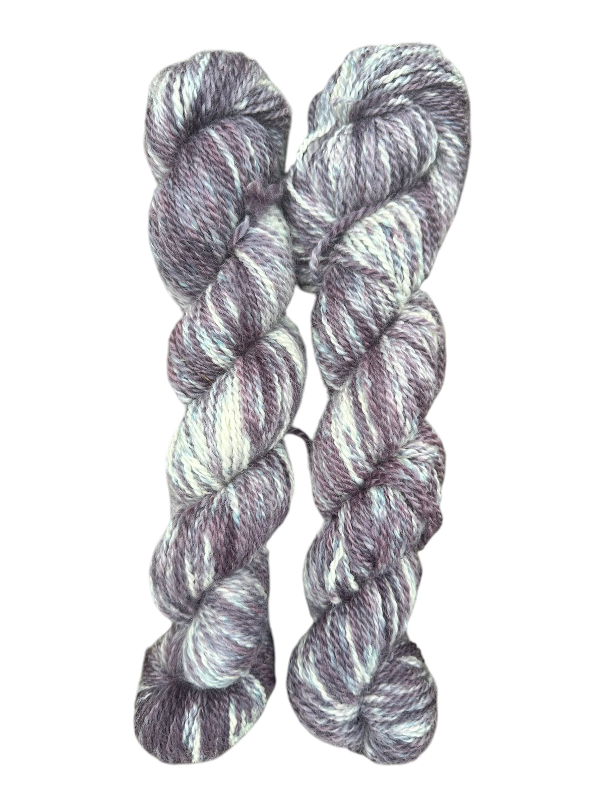 Oak Crest Alpacas and More hand dyed DK weight 100% alpaca yarn skeins in variegated purple and white tones
