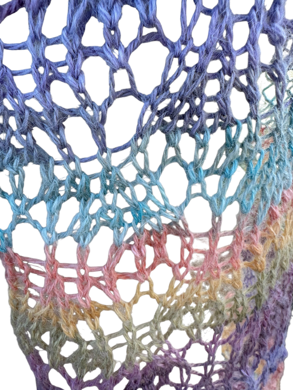 Oak Crest Alpacas and More hand knit pastel lacey alpaca and rayon scarf with an open, airy stitch pattern.