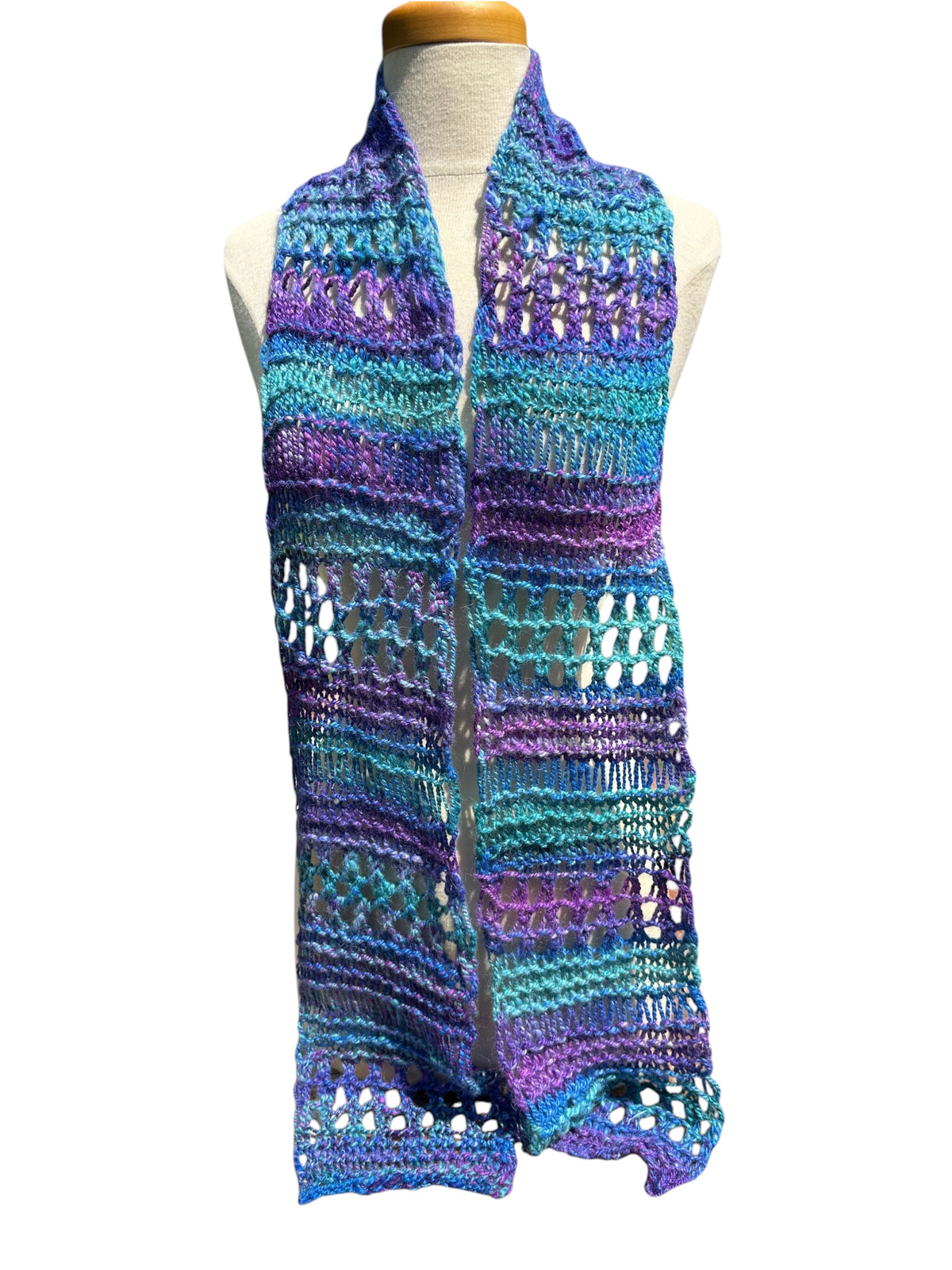 Oak Crest Alpacas and More hand-knit purple and green chunky alpaca yarn scarf with an open lace design.