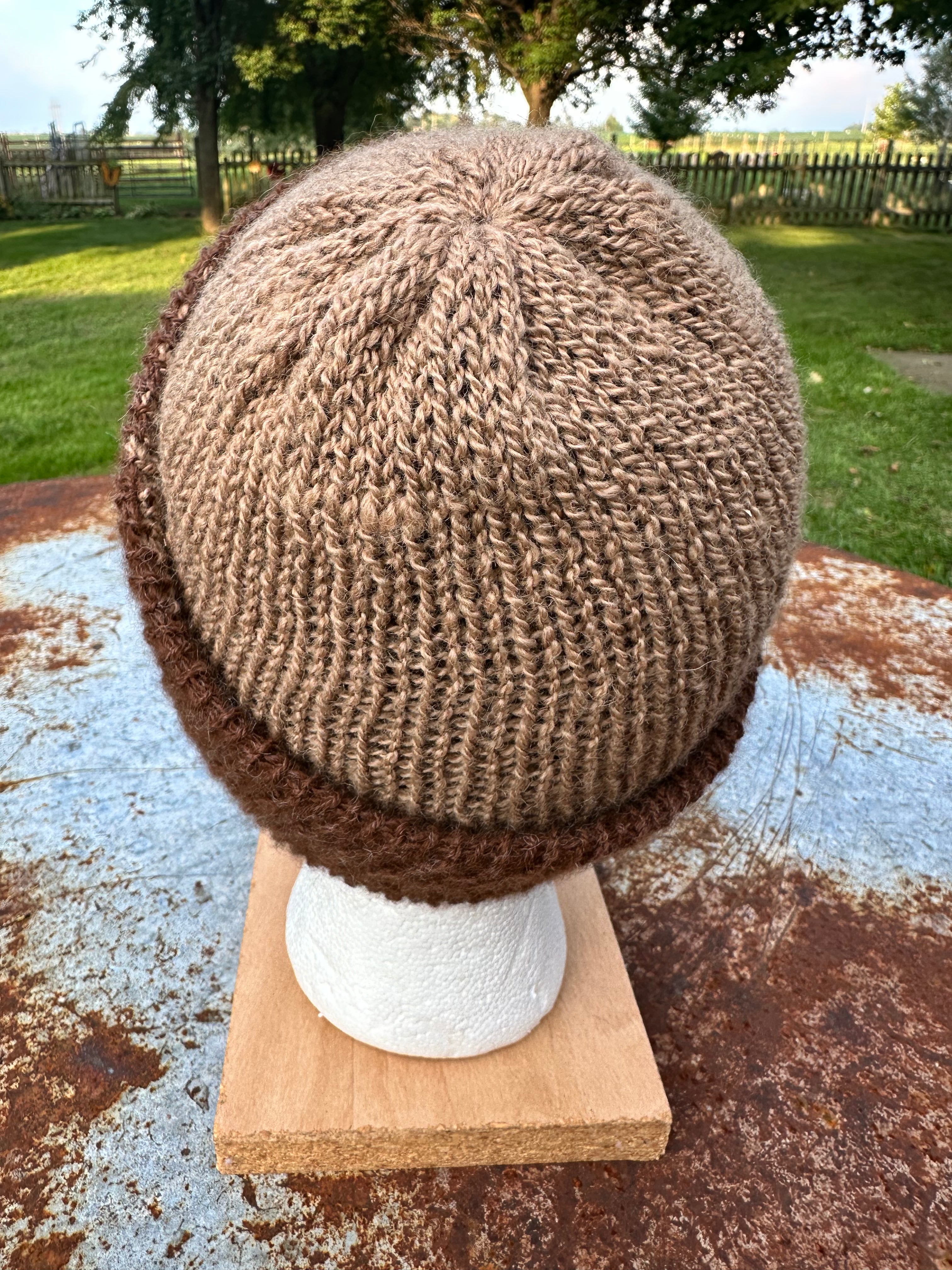 Lightweight double knit Alpaca hat with fold over brim. Reversible.