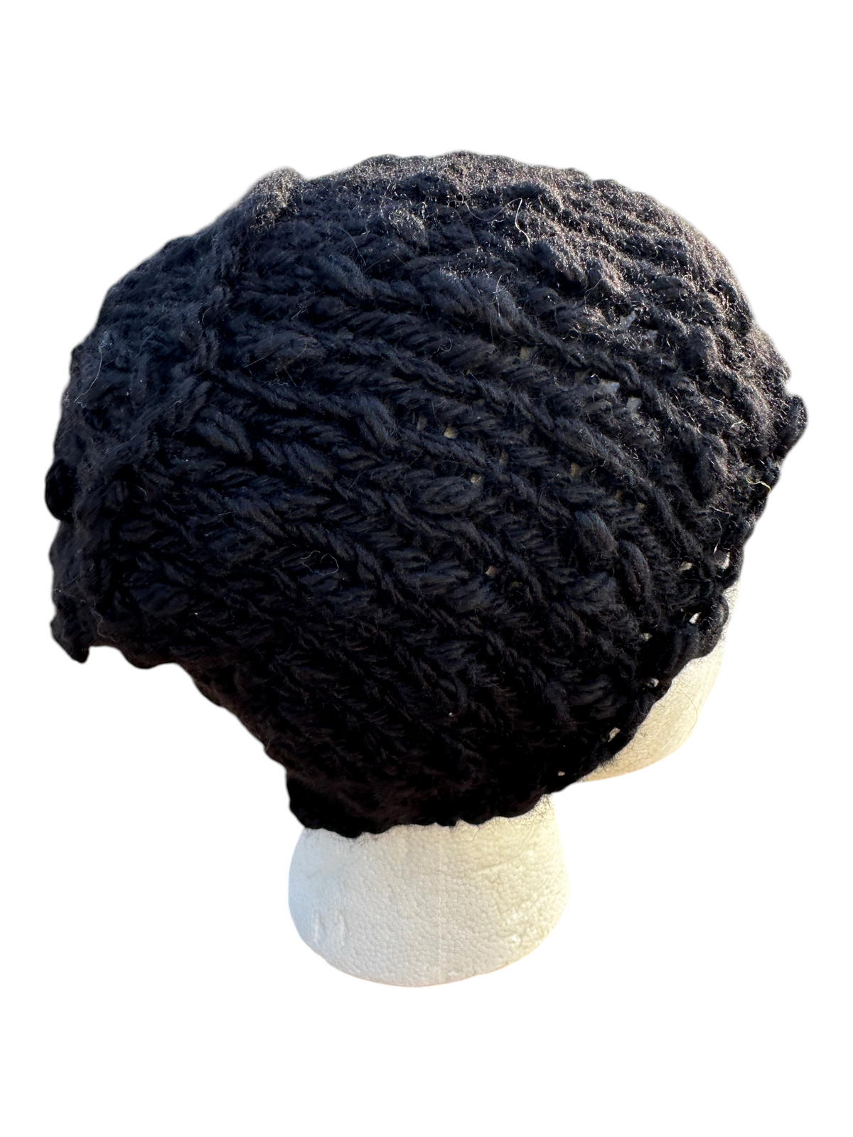 Oak Crest Alpacas and More hand-knit black chunky alpaca and wool beanie with textured yarn on a mannequin head