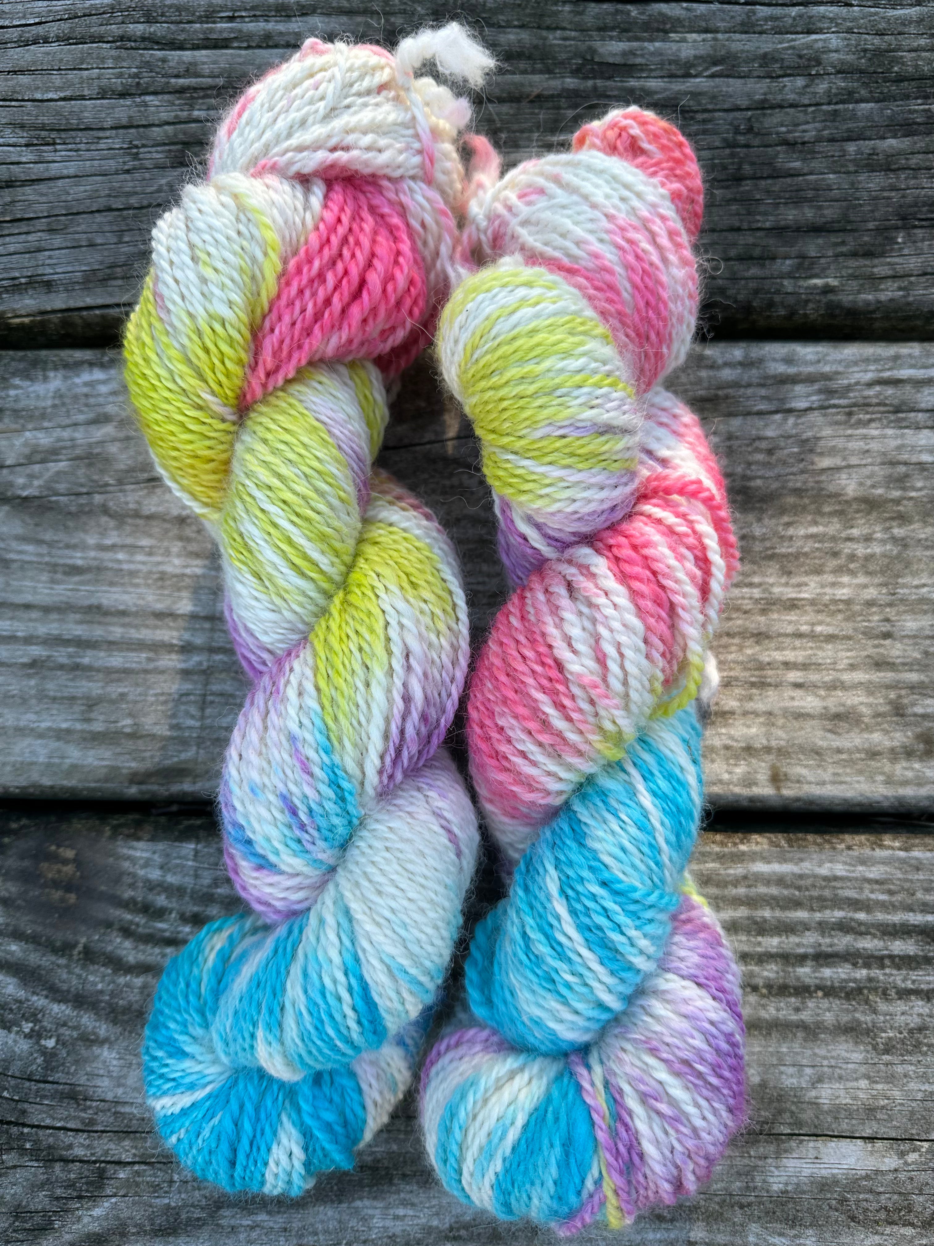 200 yd of worsted 100%  American Alpaca yarn, 2 ply, from our alpacas. Variegated. Hand dyed.