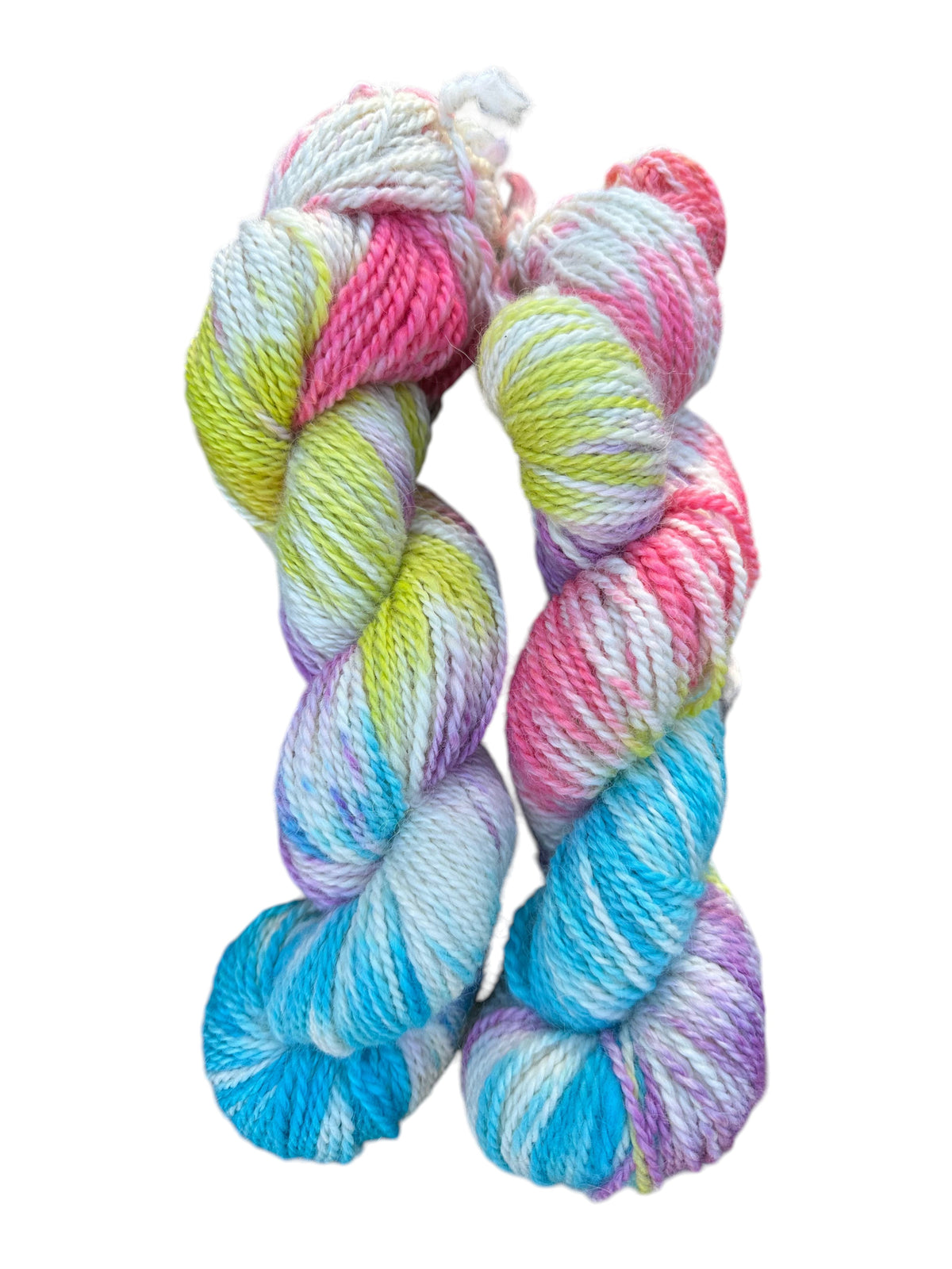 Oak Crest Alpacas and More variegated hand-dyed 100% American alpaca worsted yarn in a soft 2-ply skein.