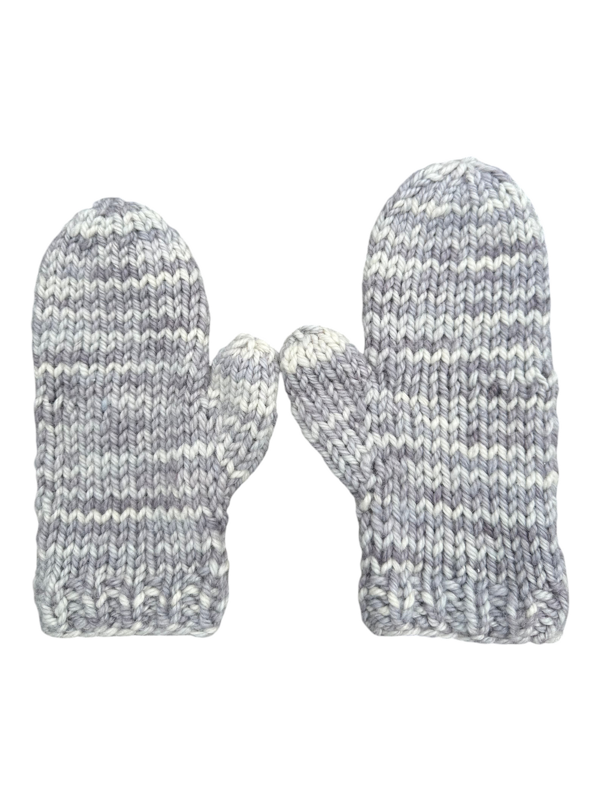 Oak Crest Alpacas and More hand knit grayish lavender alpaca and merino wool mittens with a chunky striped texture.