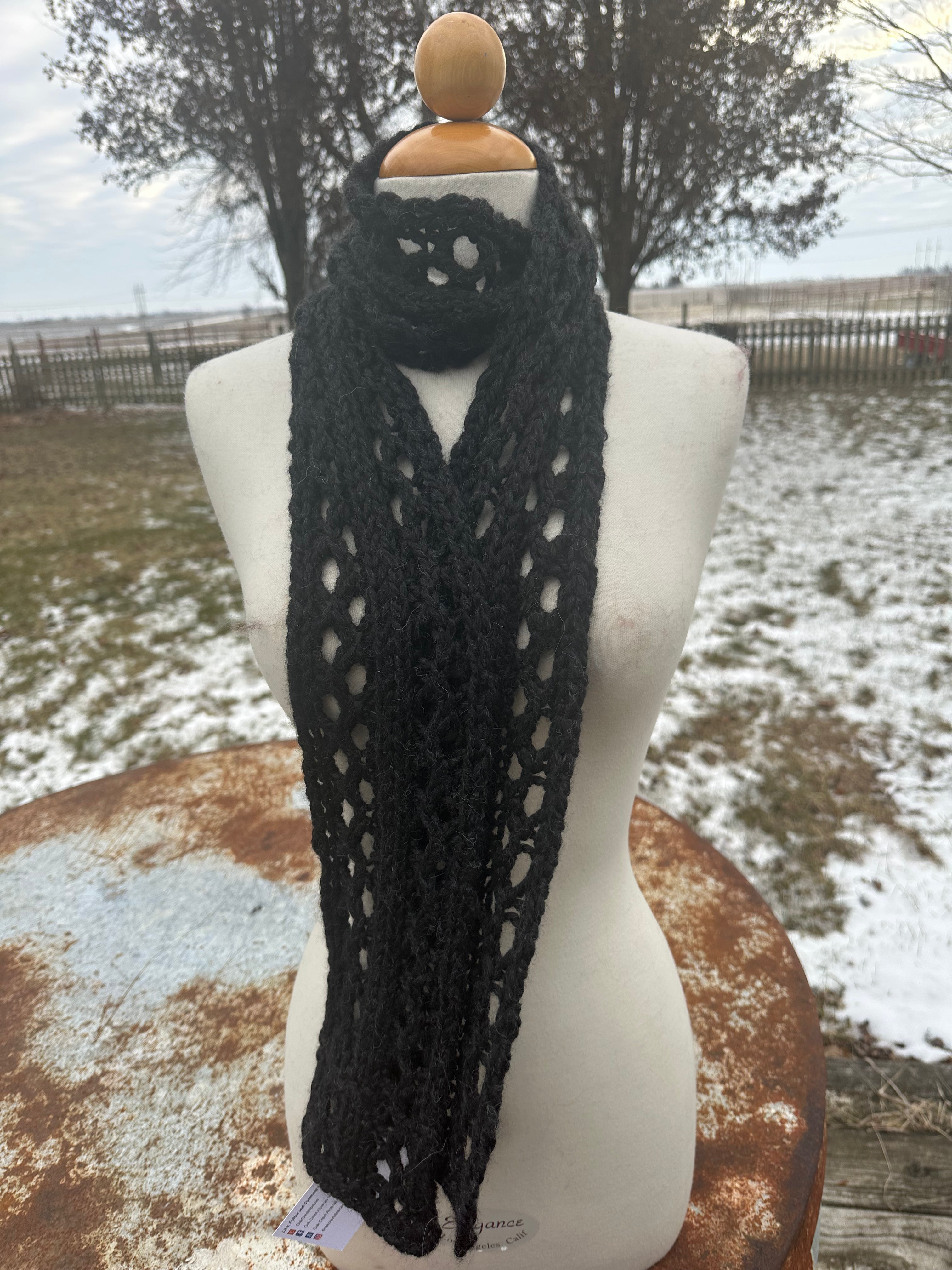 Black lacey Alpaca scarf. Hand knit.