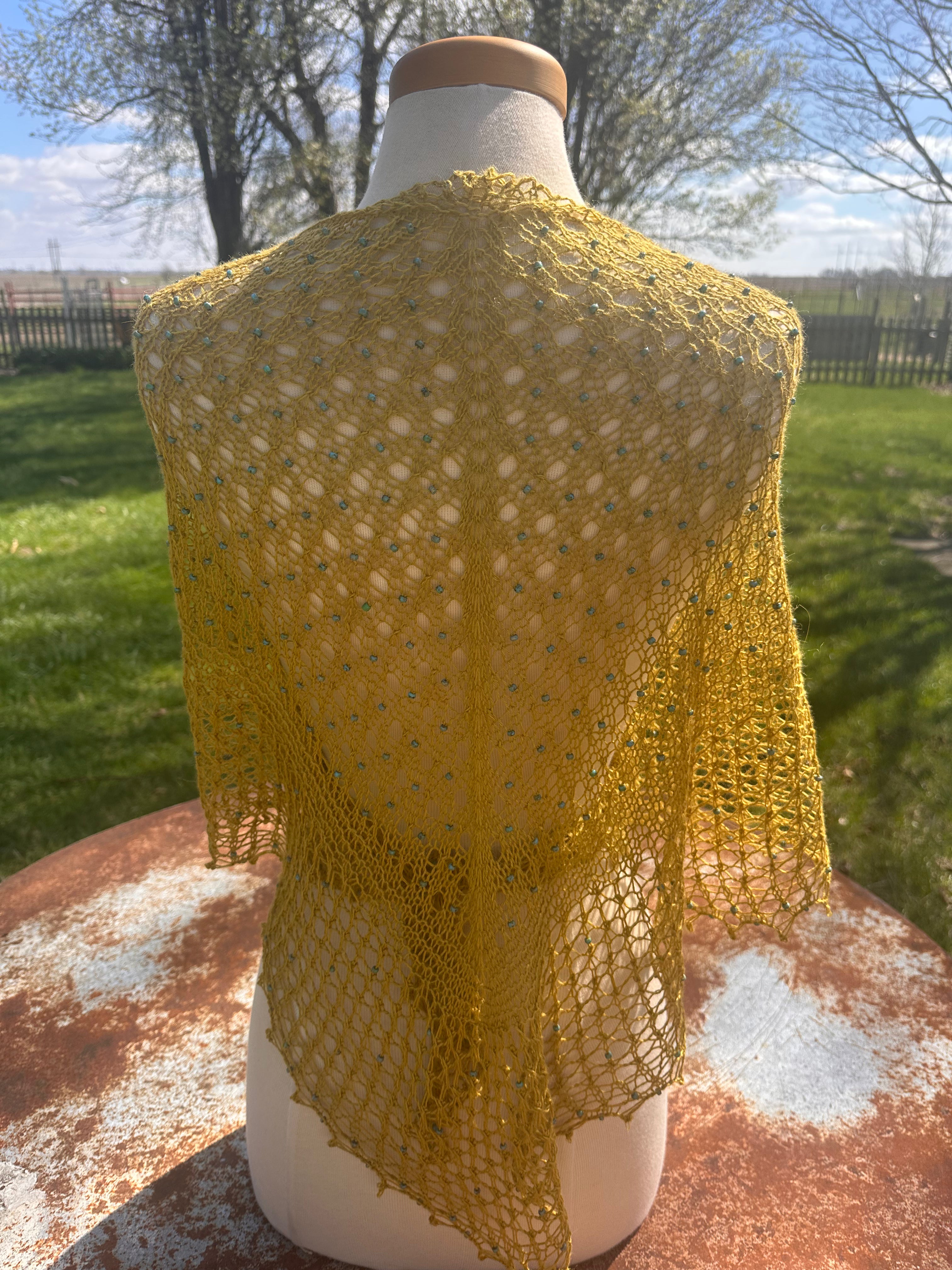 Hand knit Llama/Silk beaded lace shawl. Luxury.