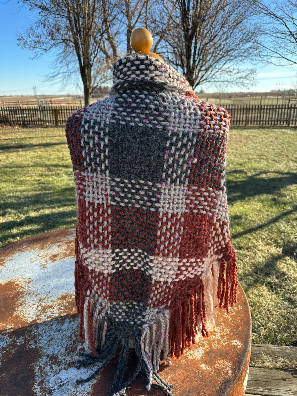 Hand woven alpaca shawl with fringe. 20% Alpaca  plus Acrylic. Chunky yarn.