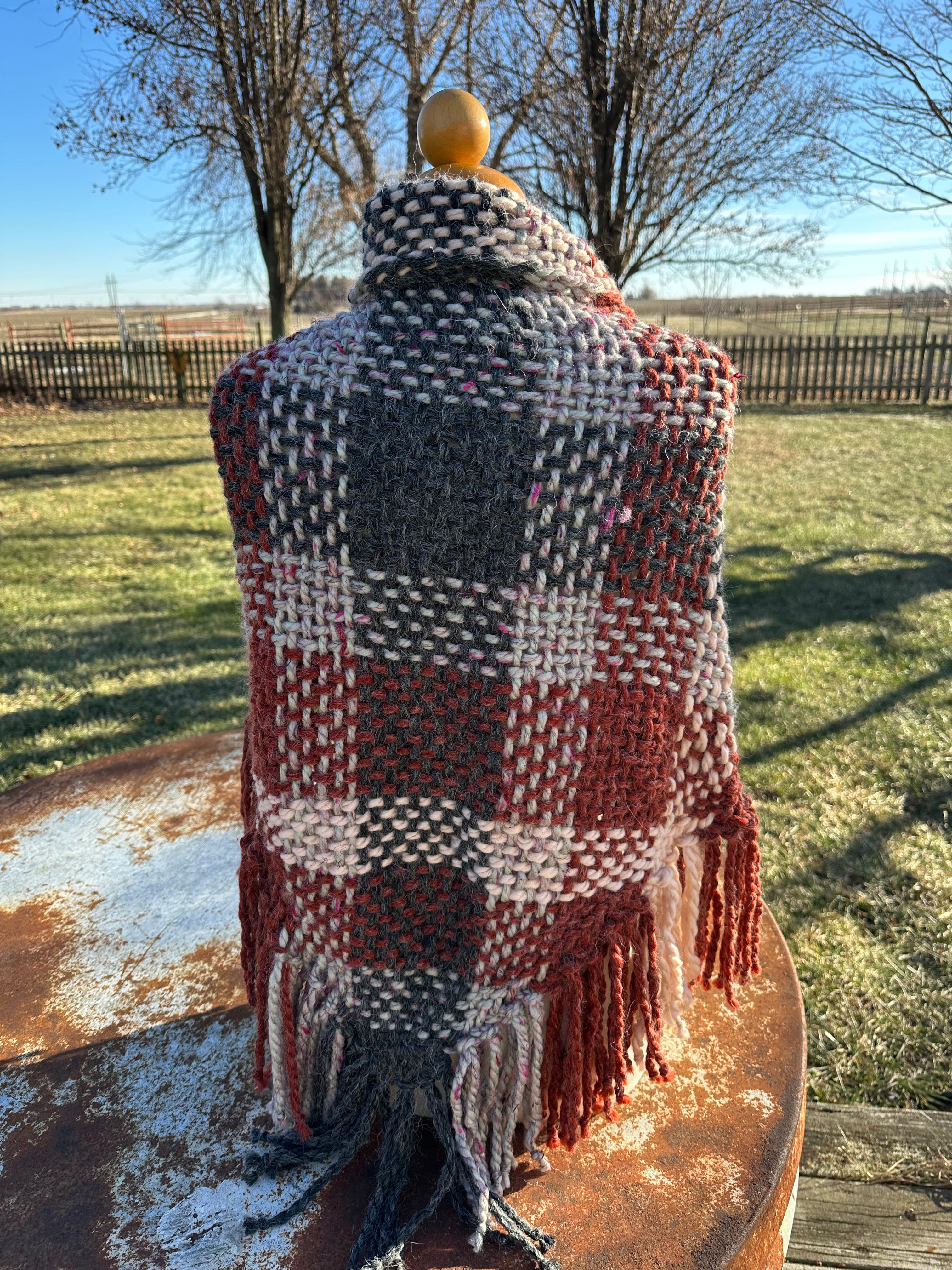Hand woven alpaca shawl with fringe. 20% Alpaca  plus Acrylic. Chunky yarn.