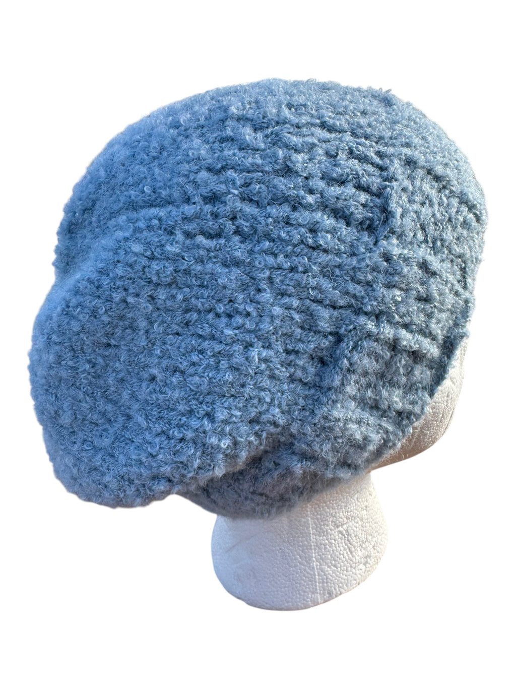 Oak Crest Alpacas and More hand-knit blue alpaca boucle textured hat on a mannequin head