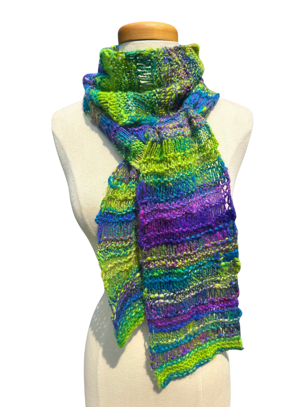 Oak Crest Alpacas and More hand-knit chunky alpaca scarf in vibrant purple and green variegated lace design