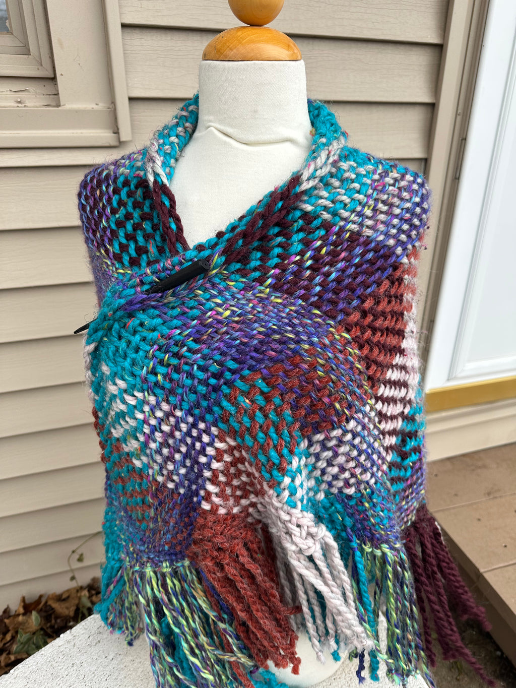 Hand woven alpaca shawl with fringe. 20% Alpaca  plus Acrylic. Chunky yarn.