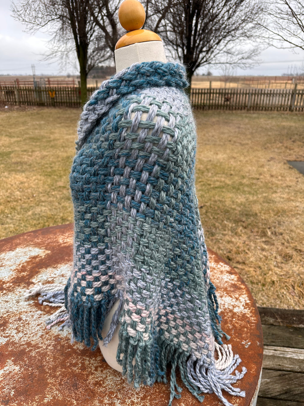 Hand woven alpaca shawl with fringe. 20% Alpaca  plus Acrylic. Chunky yarn.