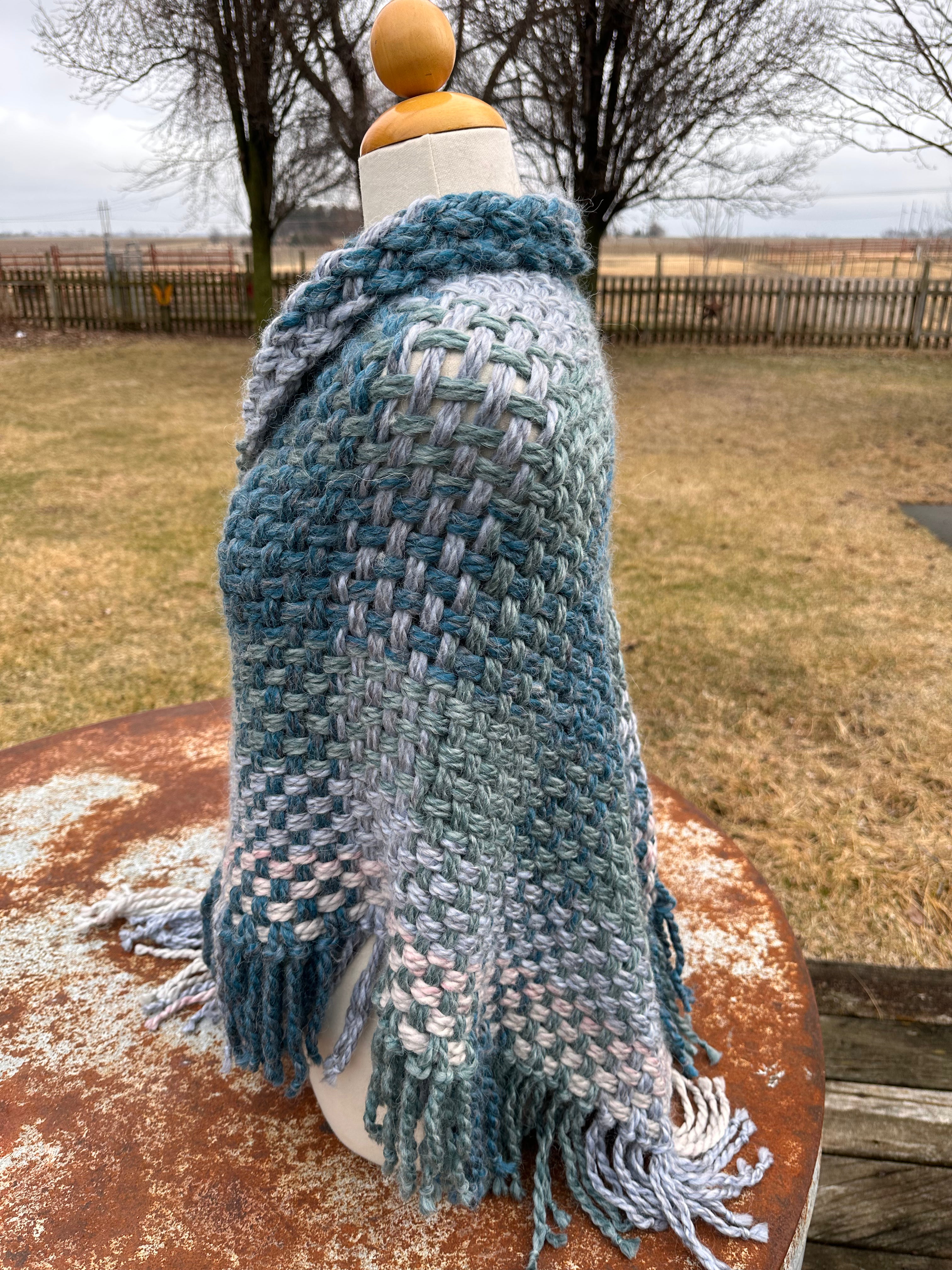 Hand woven alpaca shawl with fringe. 20% Alpaca  plus Acrylic. Chunky yarn.