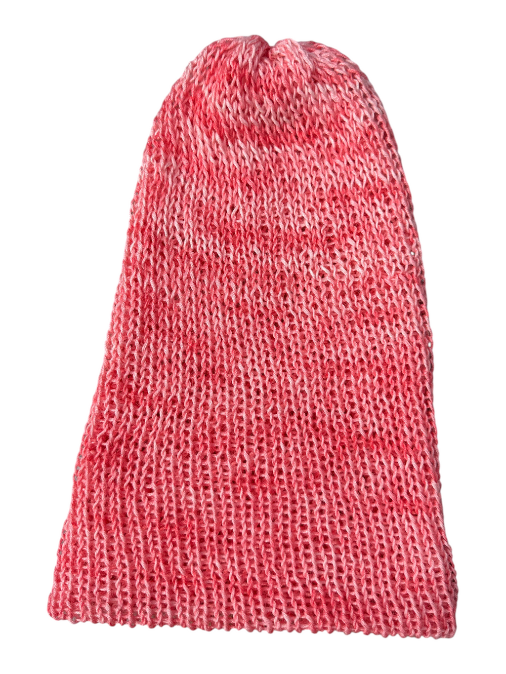 Oak Crest Alpacas and More lightweight double knit alpaca blend hat in a hand-dyed variegated pink and white yarn.