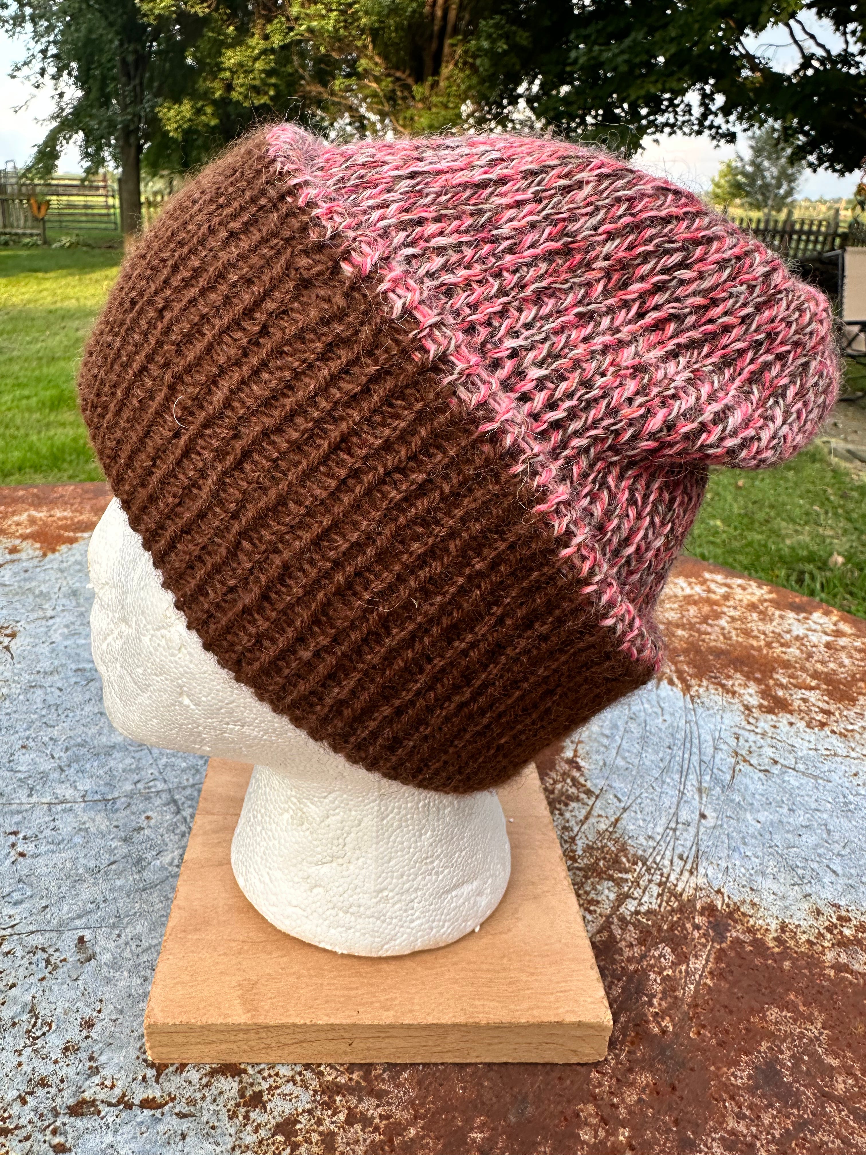 Double knit 100% Alpaca hat with fold over brim. Reversible.