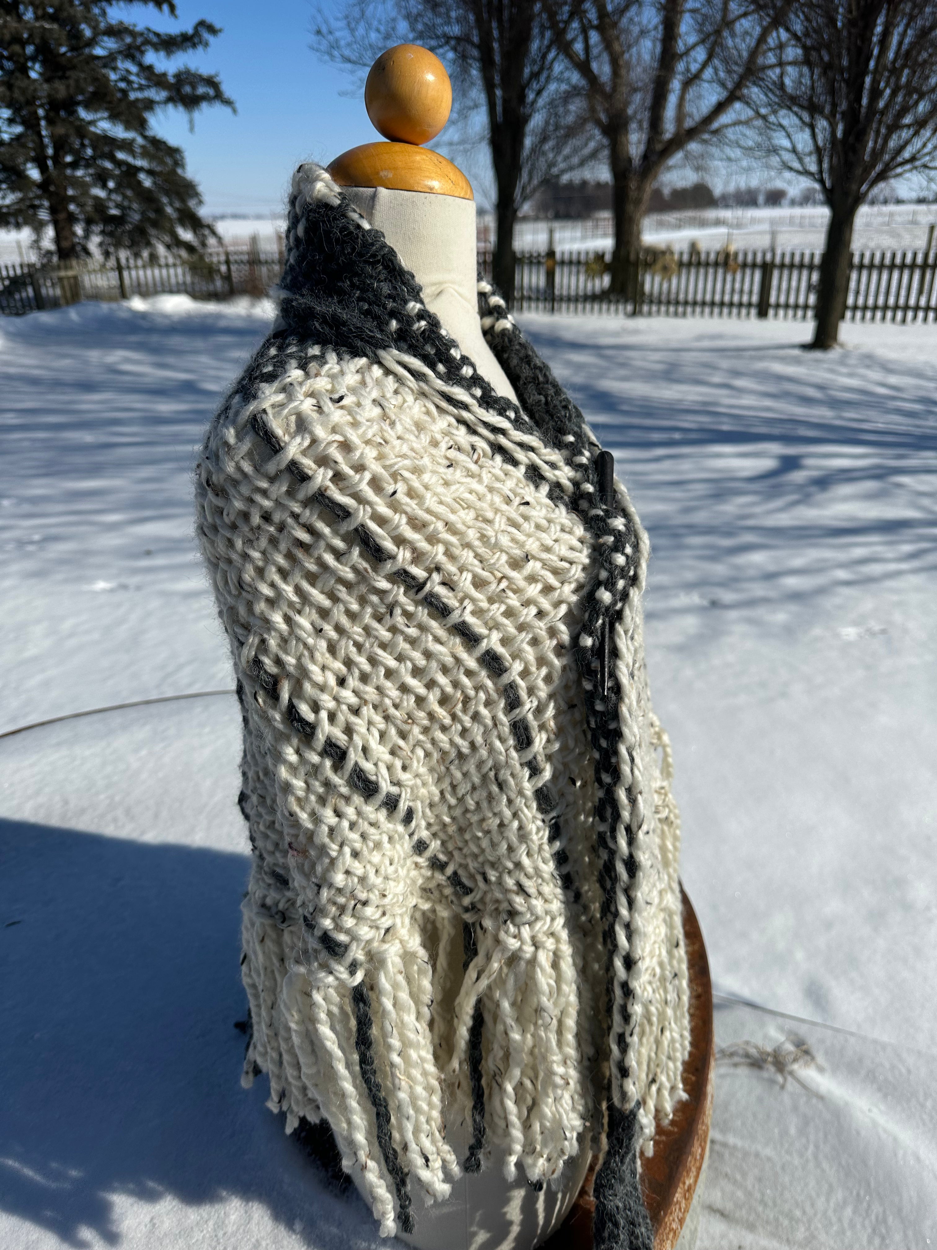 Hand woven alpaca shawl with fringe. 20% Alpaca  plus Acrylic. Chunky yarn.