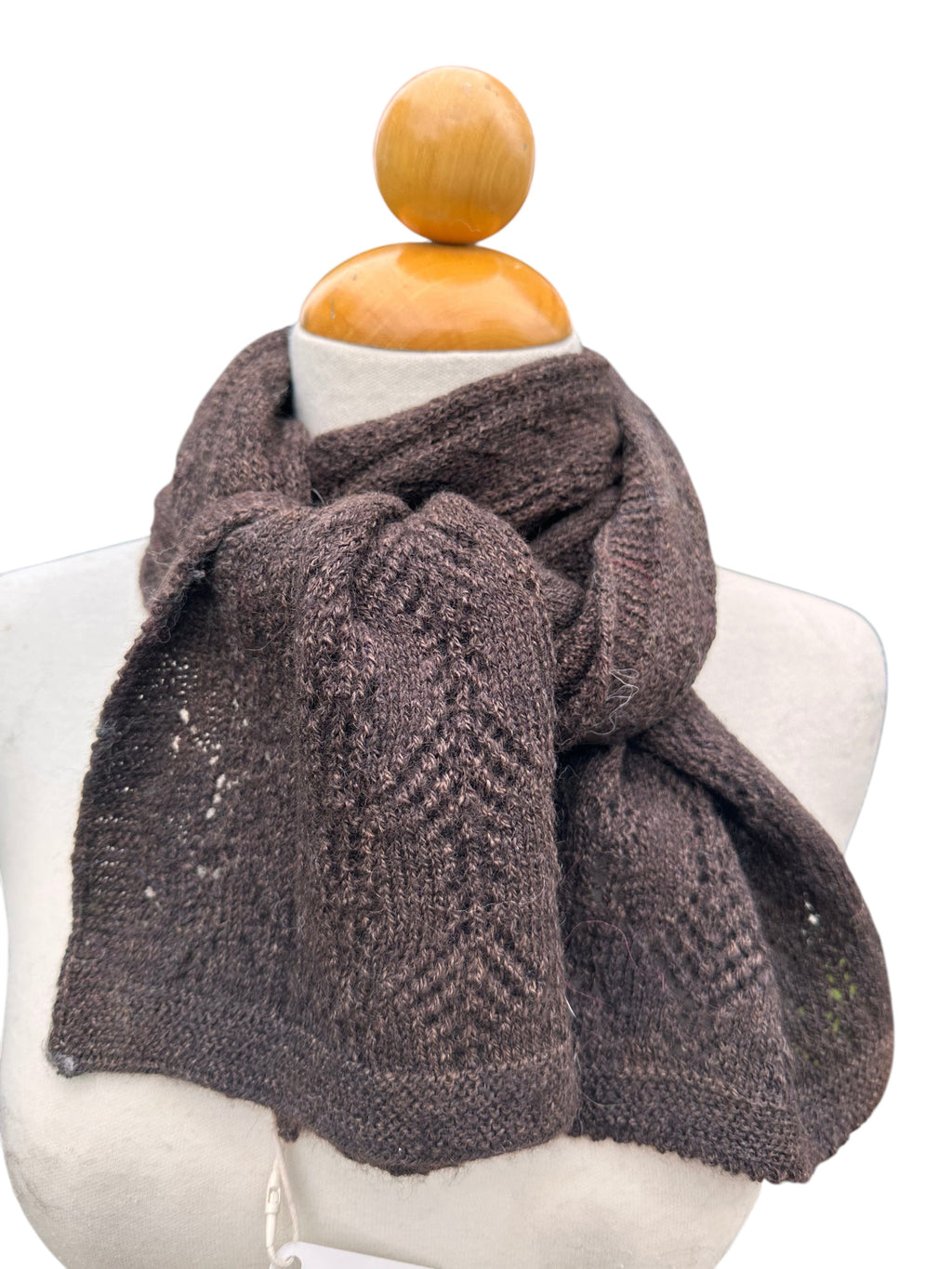 Oak Crest Alpacas and More dark brown machine knit 100% alpaca lace scarf with intricate textured pattern