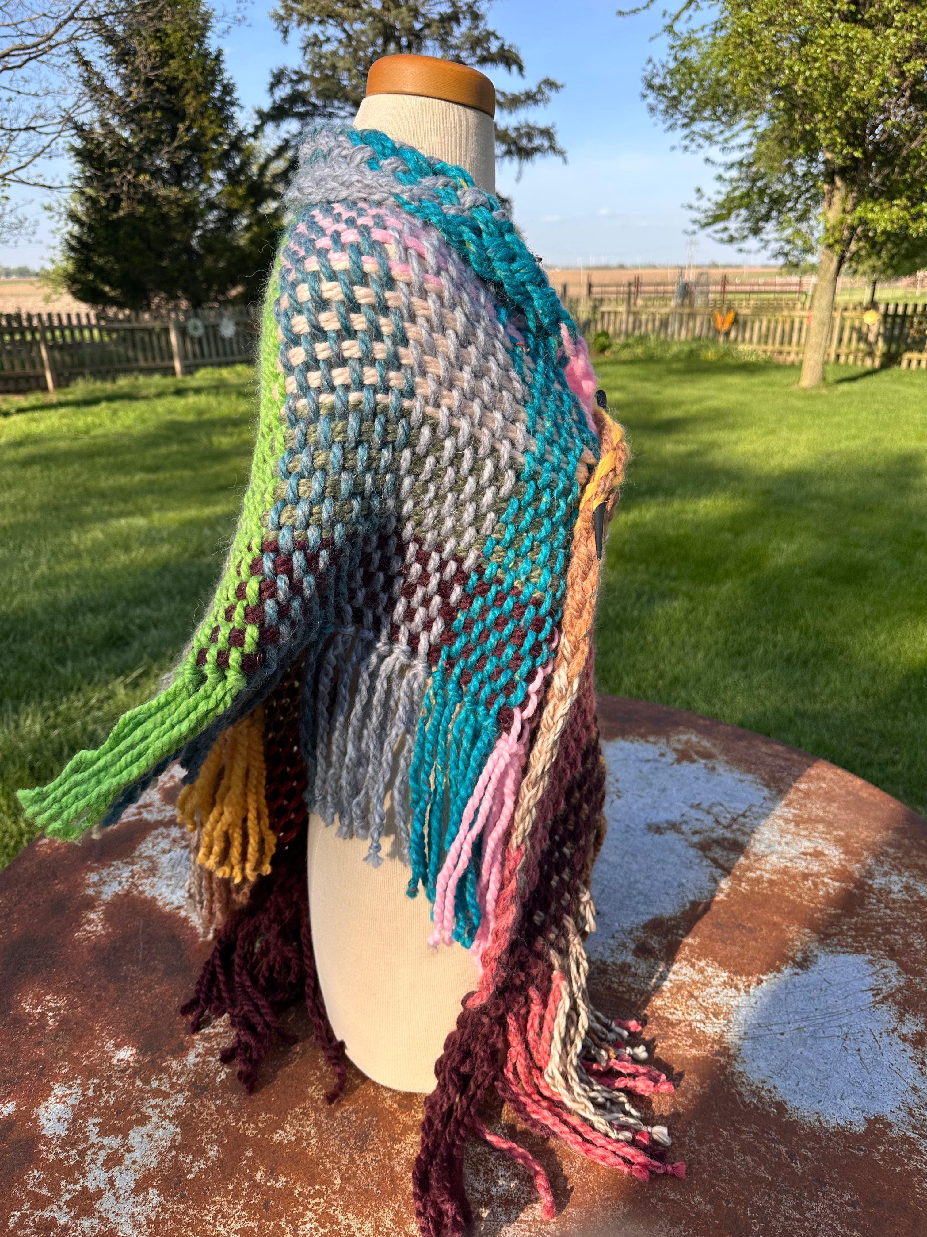 Hand woven alpaca shawl with fringe. 20% Alpaca  plus Acrylic. Chunky yarn.