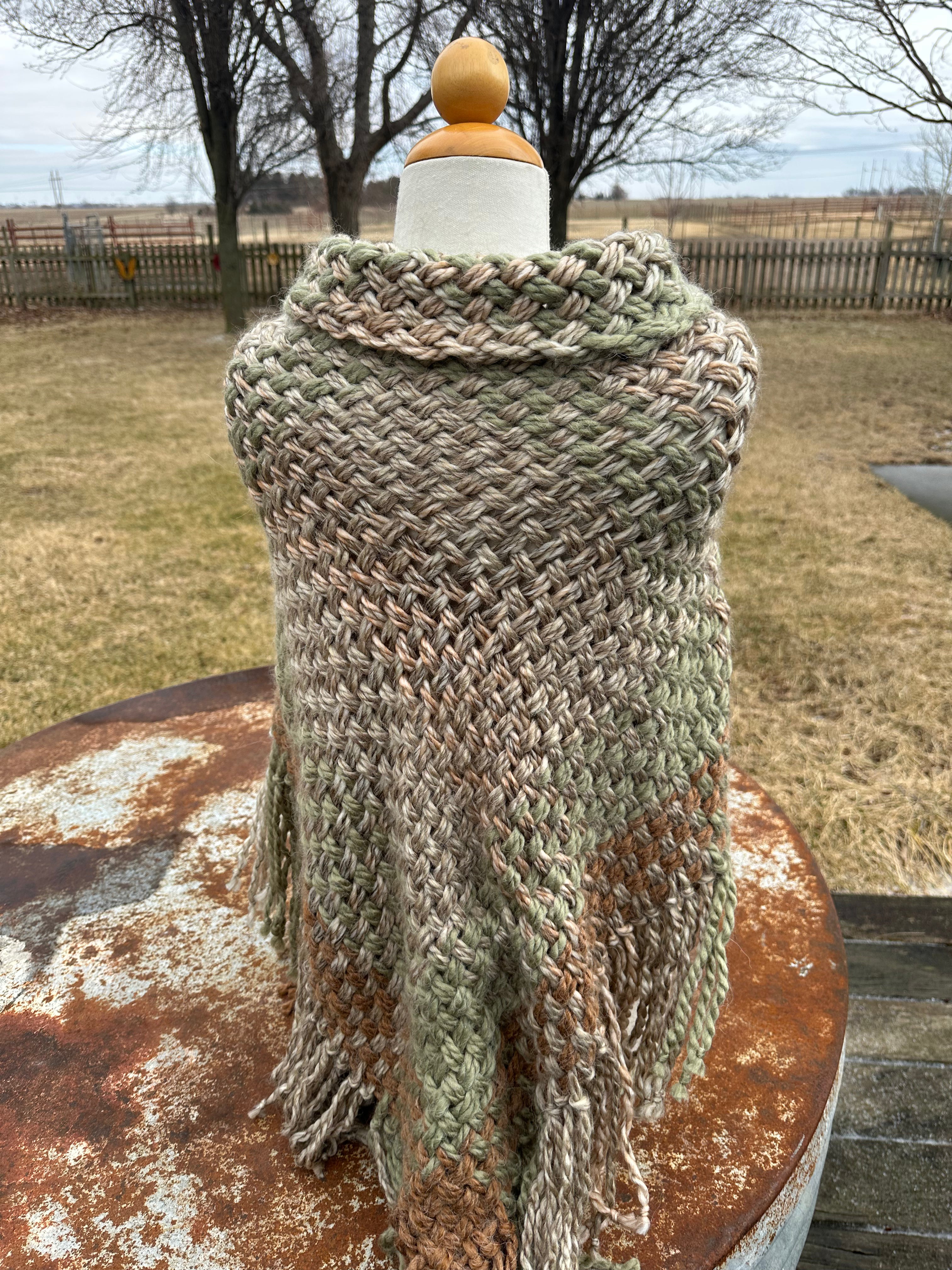 Hand woven alpaca shawl with fringe. 20% Alpaca  plus Acrylic. Chunky yarn.