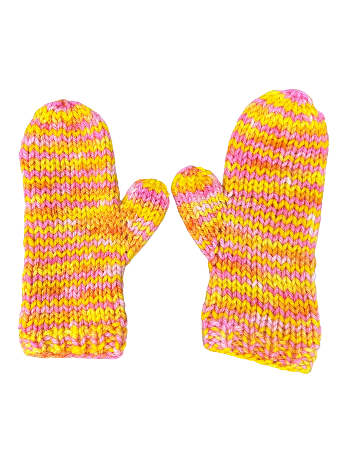 Oak Crest Alpacas and More hand knit mittens in a vibrant pink and yellow striped alpaca and merino wool blend.