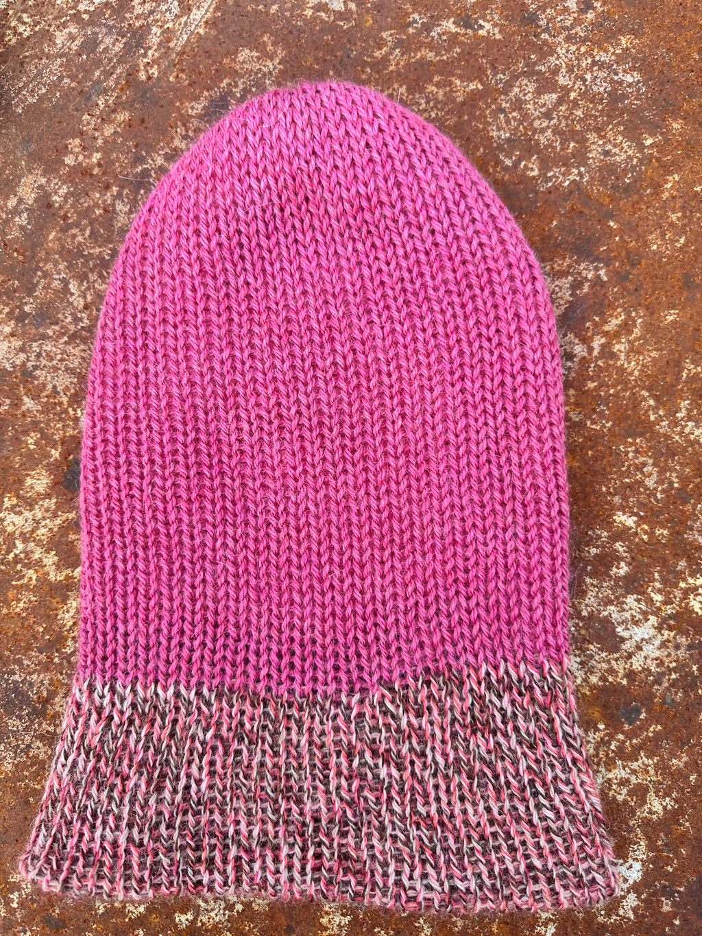 Double knit 100% Alpaca hat with fold over brim. Reversible.