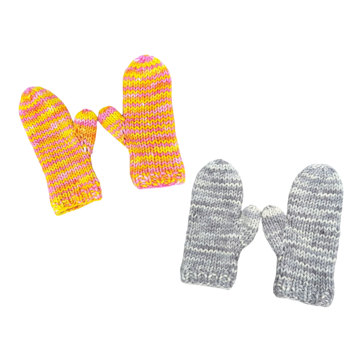 Oak Crest Alpacas and More hand-knit alpaca and merino wool mittens in pink-yellow and grayish lavender colorways.
