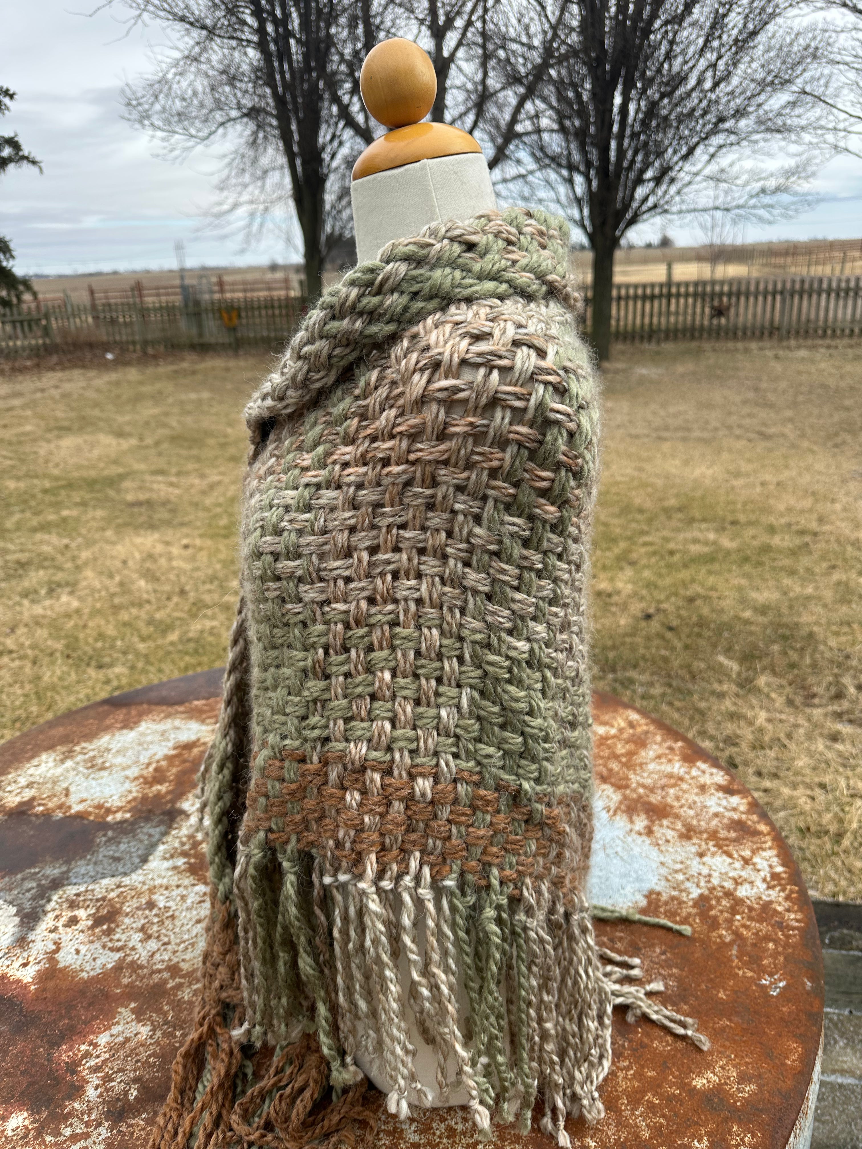 Hand woven alpaca shawl with fringe. 20% Alpaca  plus Acrylic. Chunky yarn.