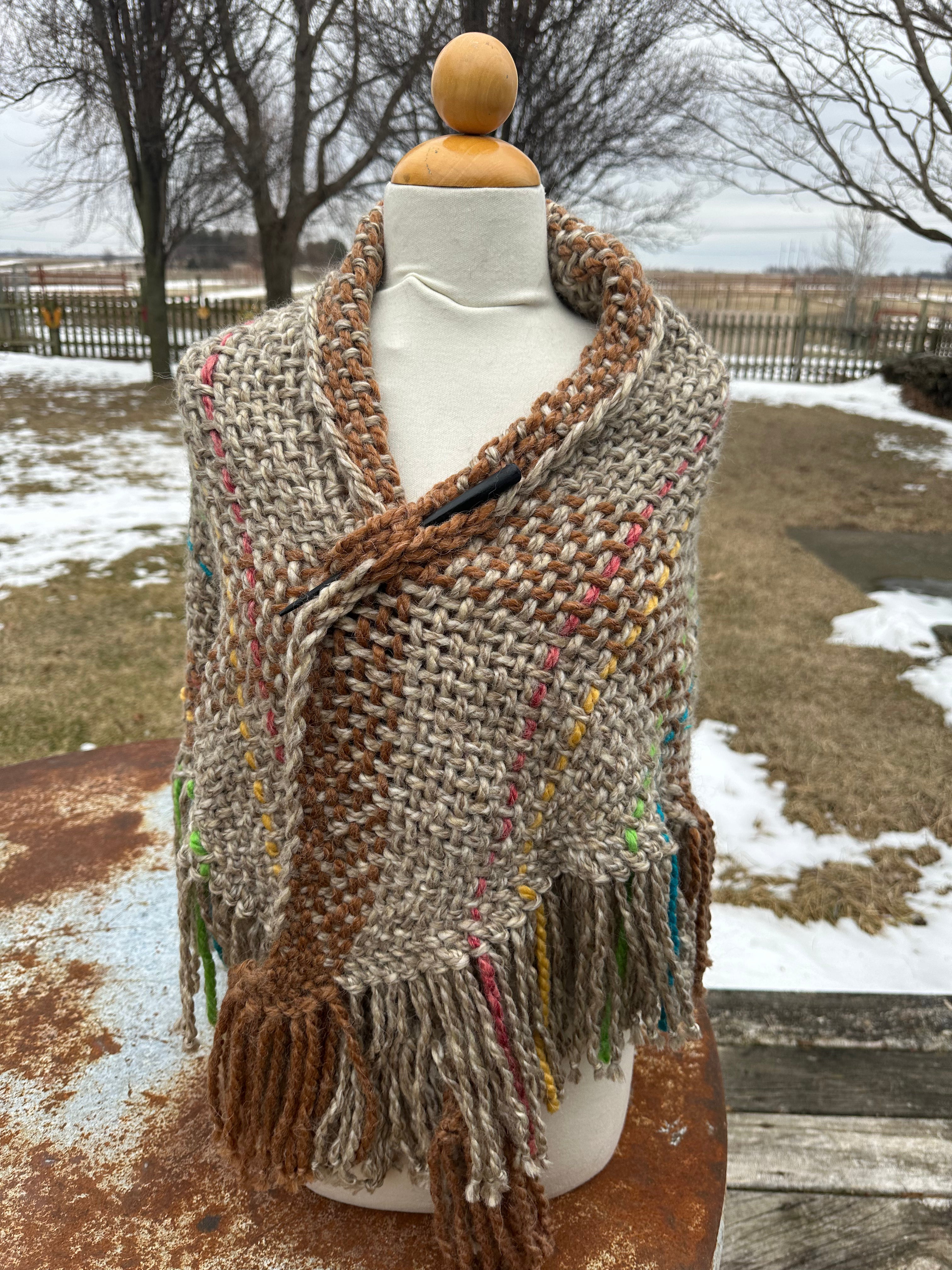 Hand woven alpaca shawl with fringe. 20% Alpaca  plus Acrylic. Chunky yarn.
