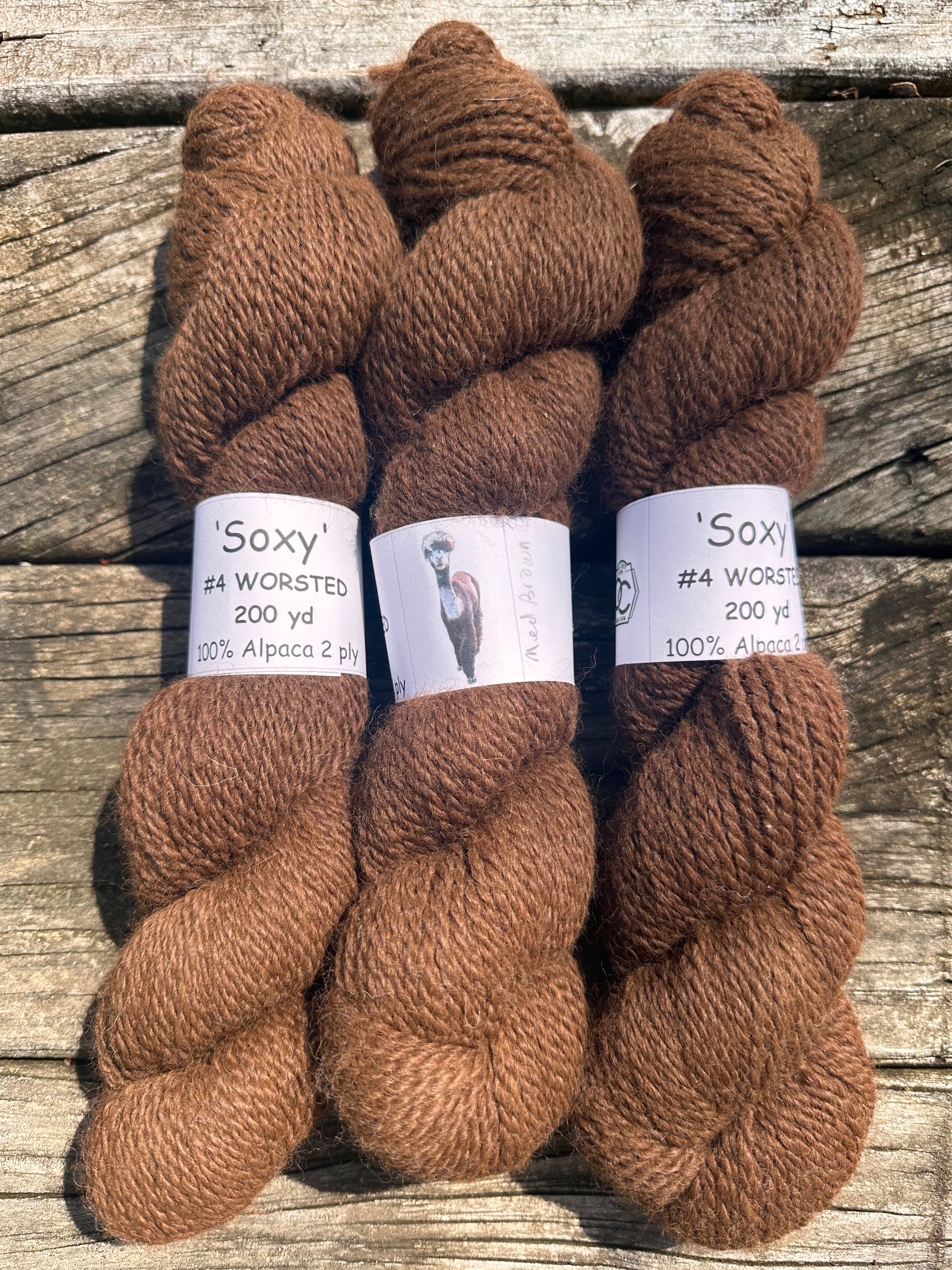 200 yd of Worsted 100% USA Alpaca from our alpacas, 2 ply. Natural Colors