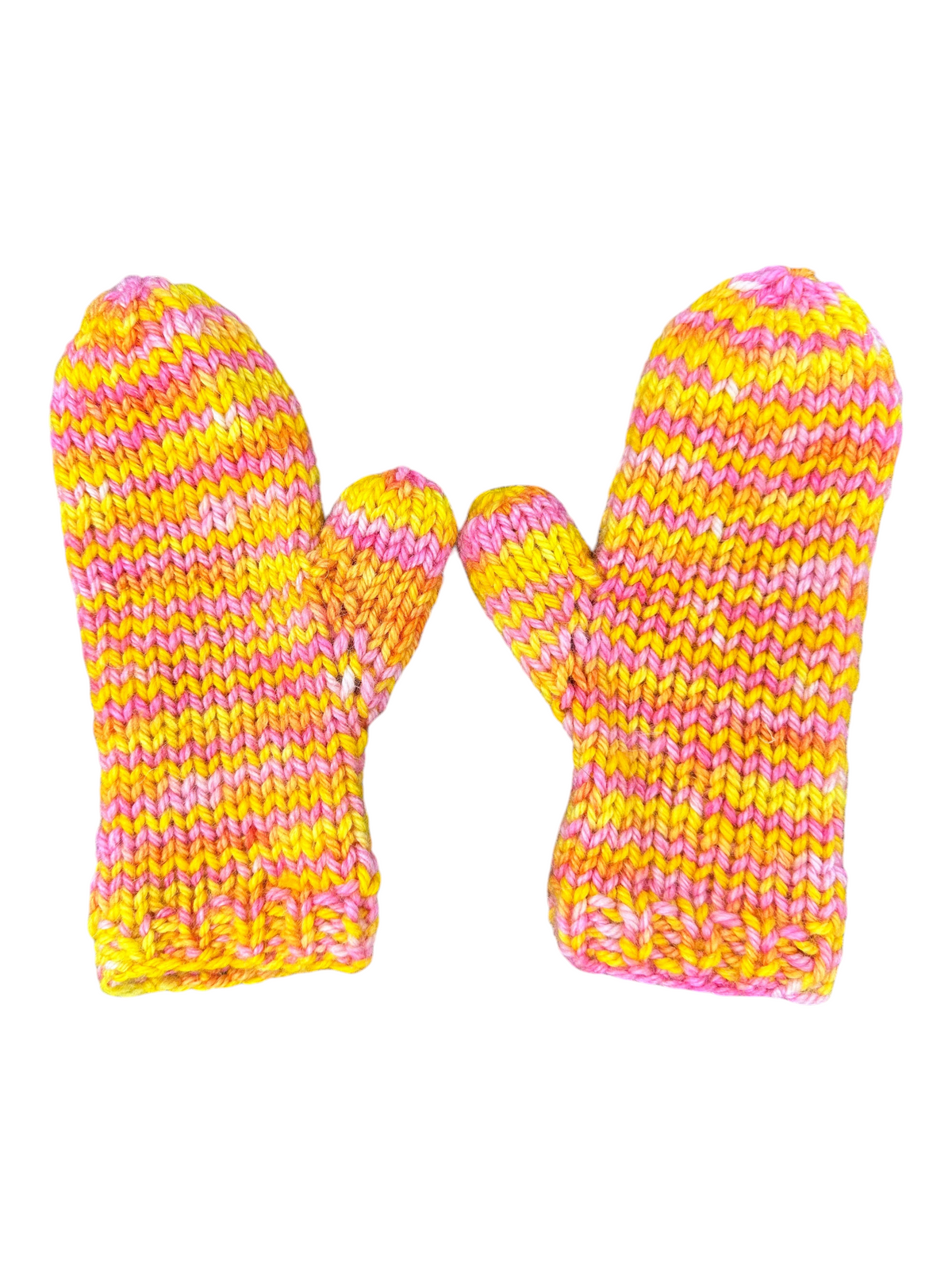 Oak Crest Alpacas and More hand knit pink and yellow striped alpaca and merino wool mittens