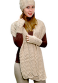 Oak Crest Alpacas and More beige alpaca wool scarf with scalloped lace detail worn with matching hat and gloves