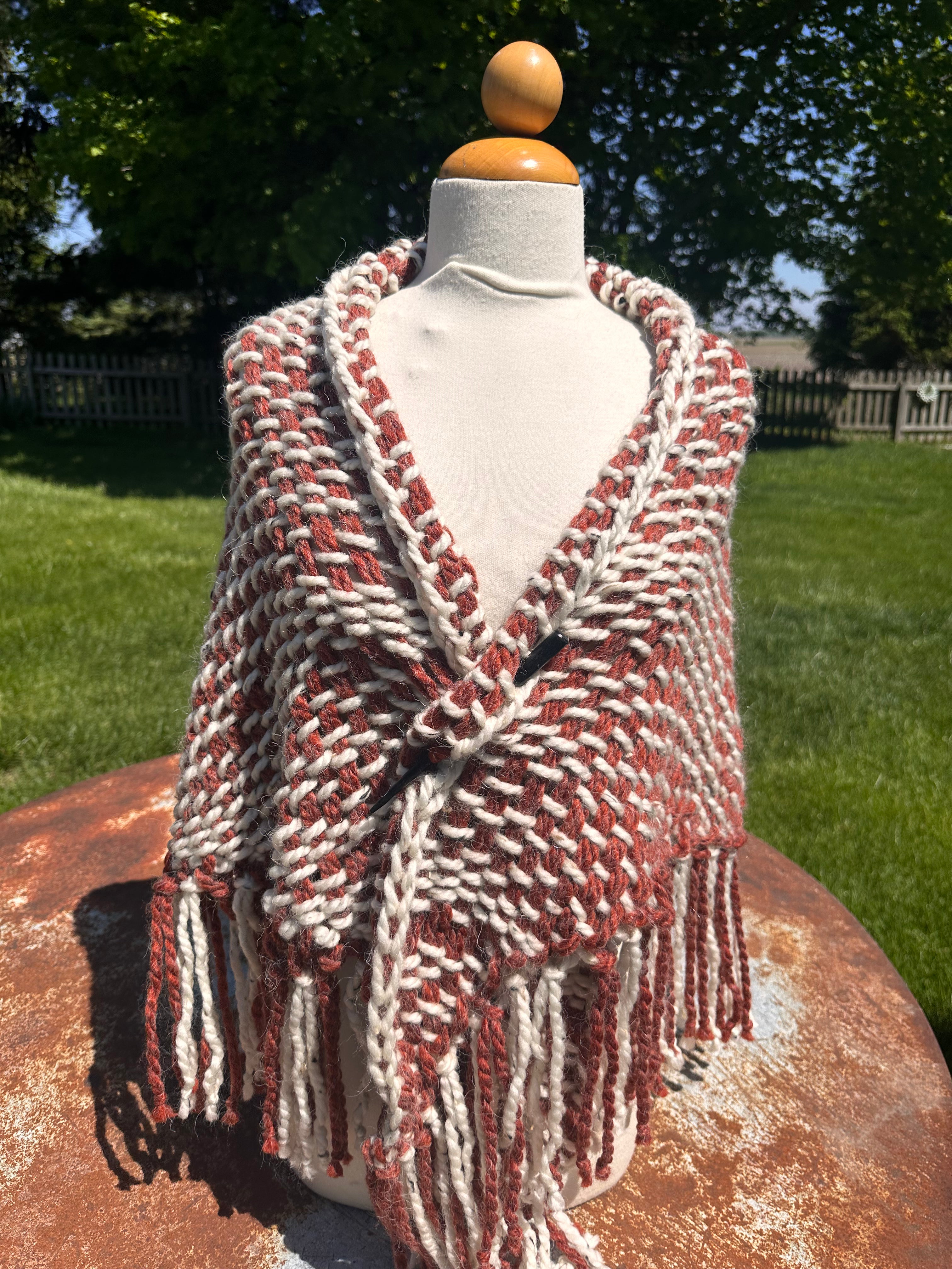 Hand woven alpaca shawl with fringe. 20% Alpaca  plus Acrylic. Chunky yarn.