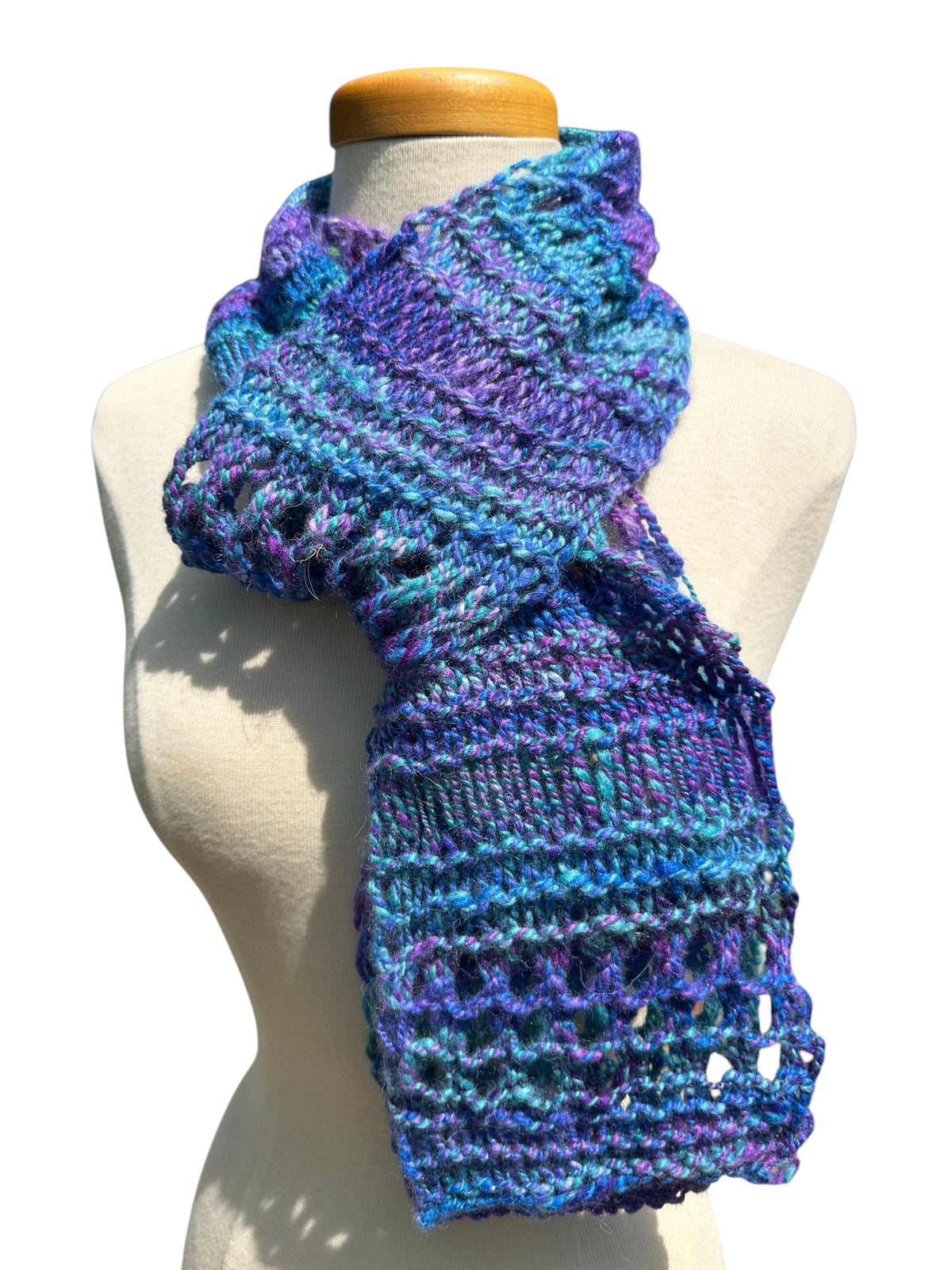Oak Crest Alpacas and More hand-knit purple and green chunky alpaca yarn scarf with a delicate lace design.
