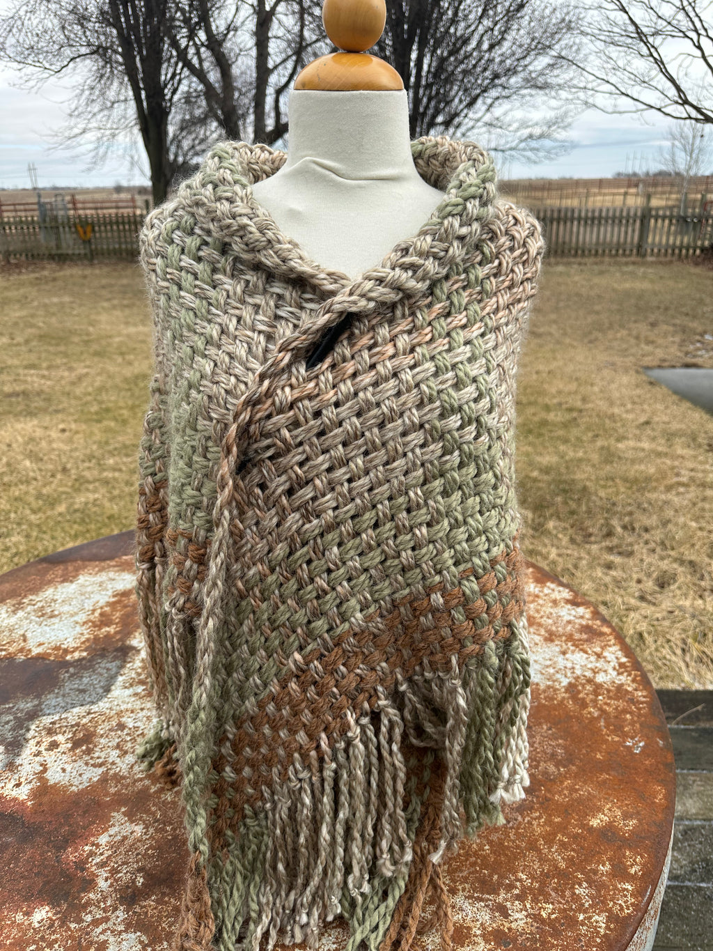 Hand woven alpaca shawl with fringe. 20% Alpaca  plus Acrylic. Chunky yarn.
