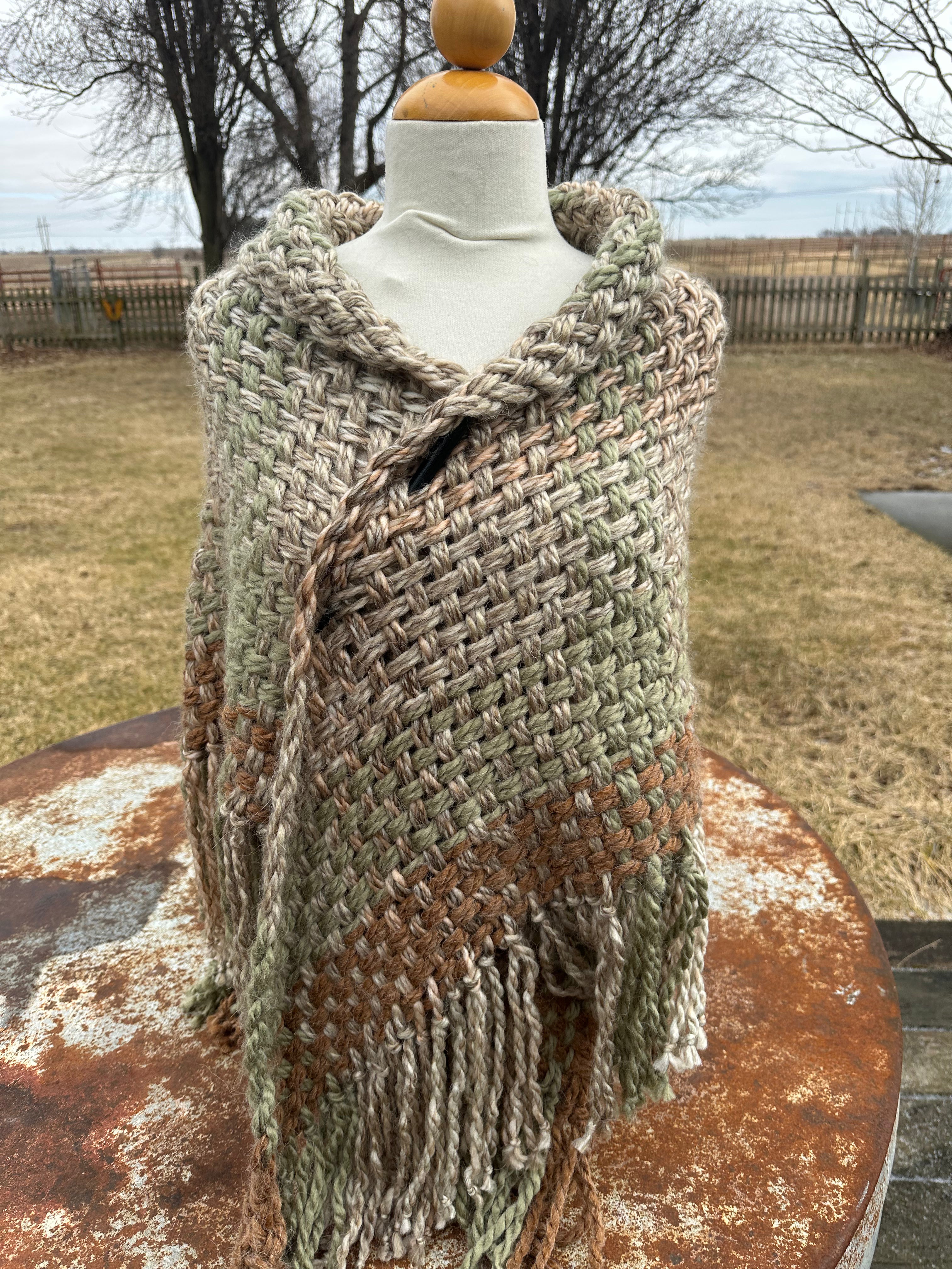 Hand woven alpaca shawl with fringe. 20% Alpaca  plus Acrylic. Chunky yarn.