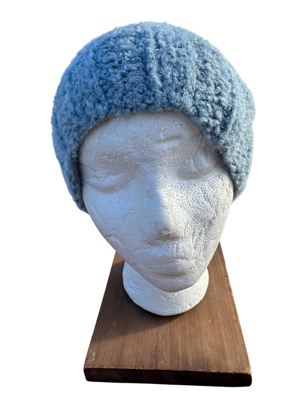 Oak Crest Alpacas and More hand-knit blue boucle alpaca blend textured beanie on a mannequin head