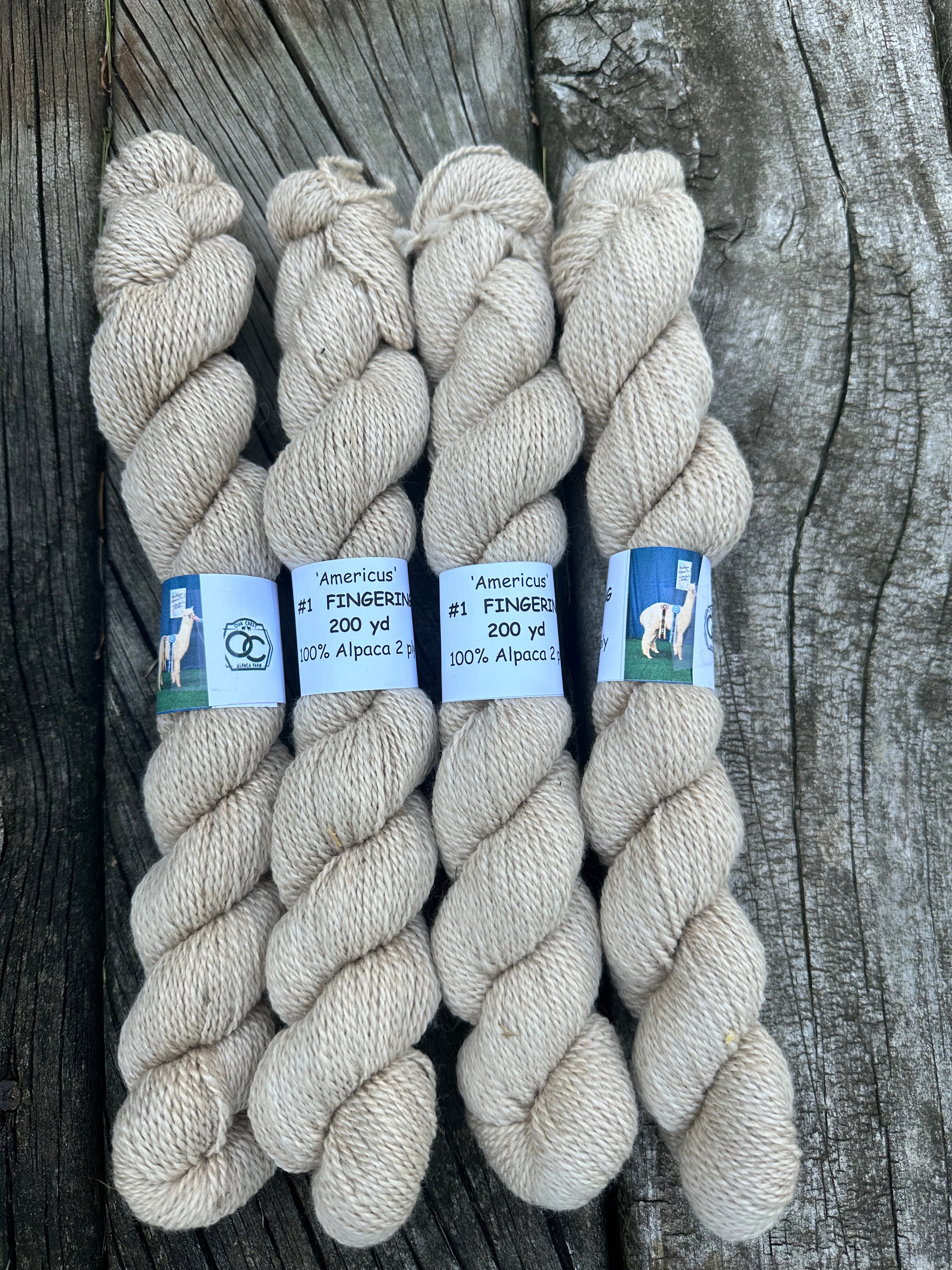 200 yd fingering weight 100% American Alpaca, natural fiber, undyed