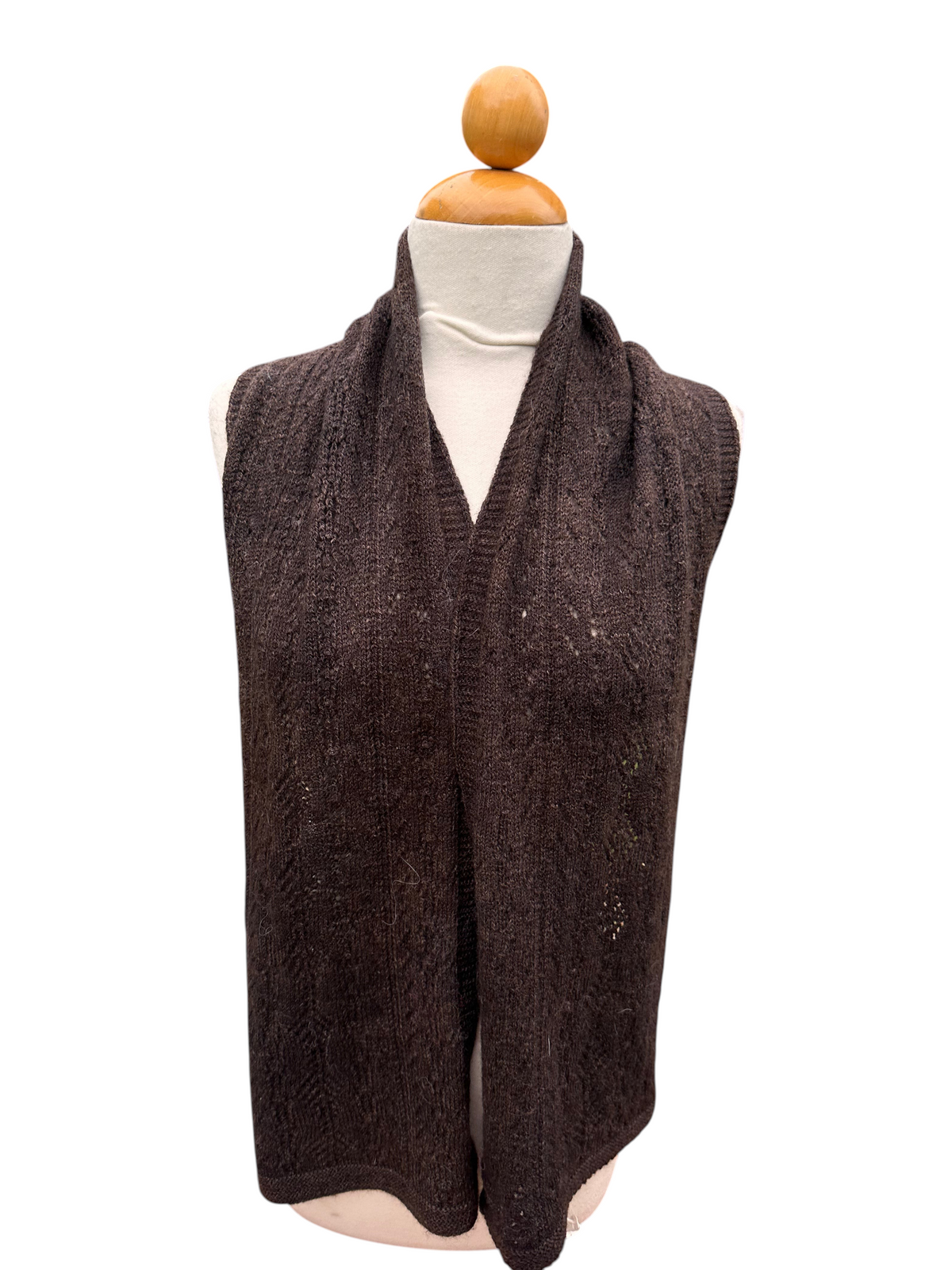 Oak Crest Alpacas and More dark brown 100% alpaca lace knit scarf on a mannequin