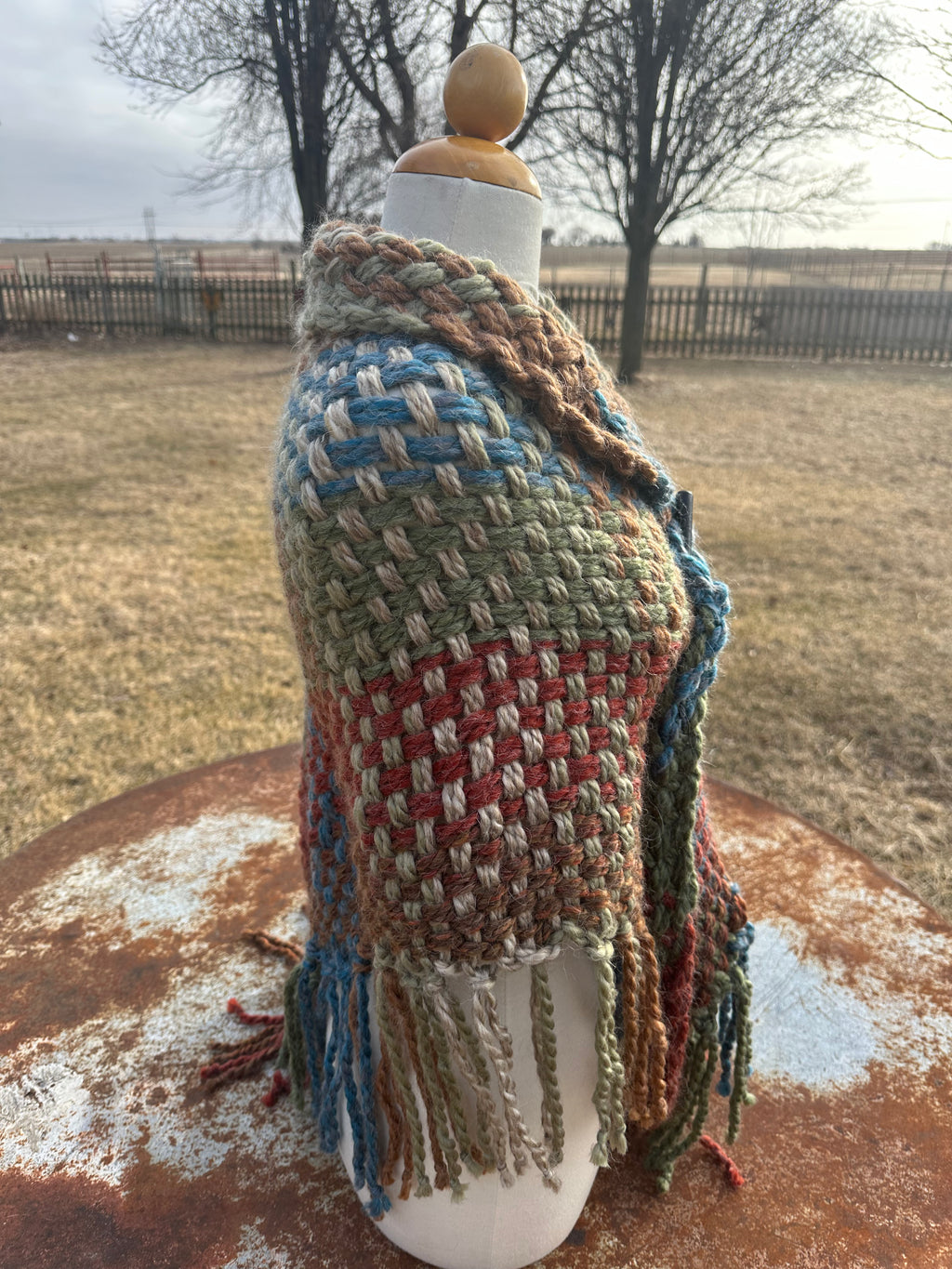 Hand woven alpaca shawl with fringe. 20% Alpaca  plus Acrylic. Chunky yarn.