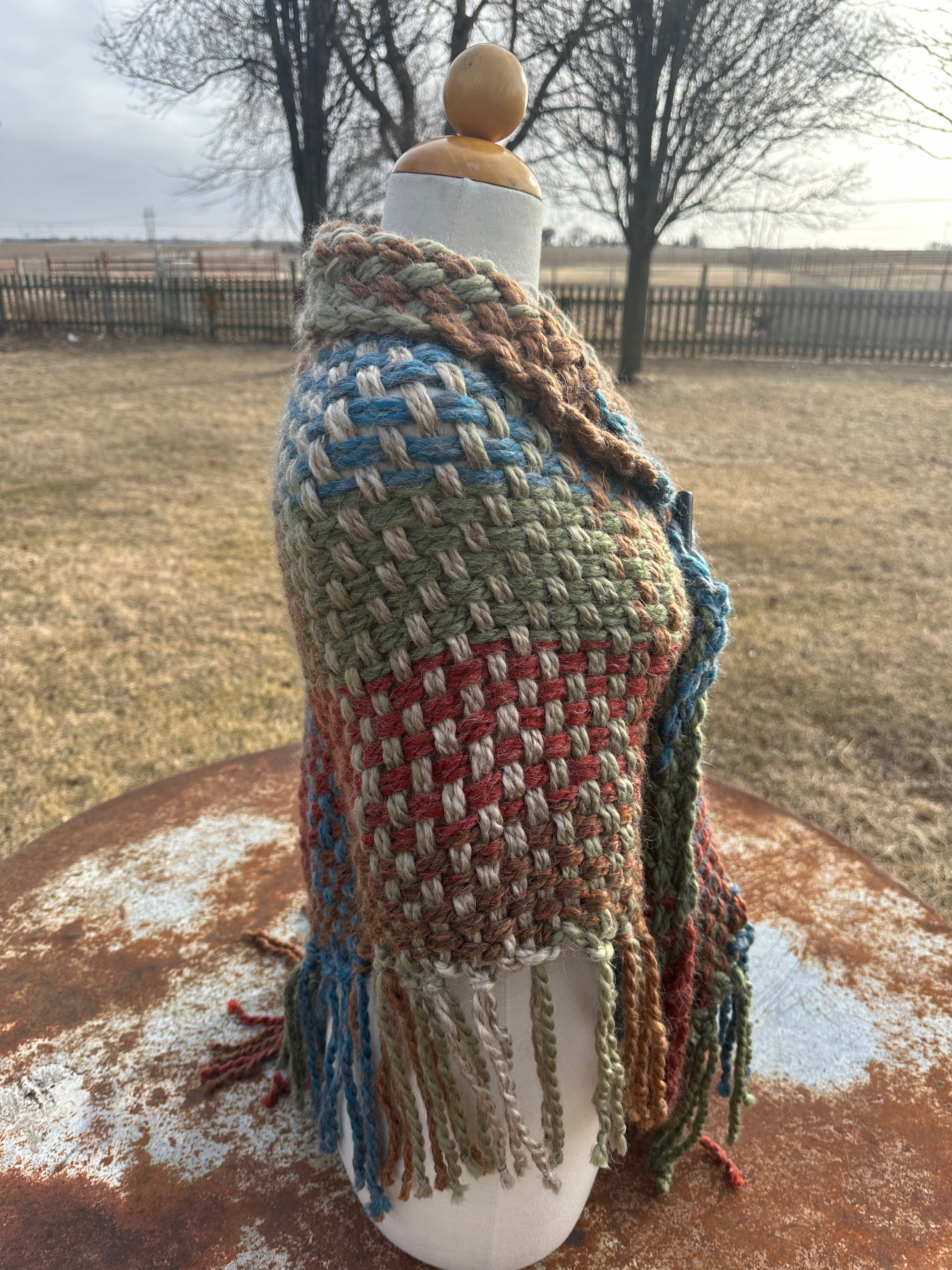 Hand woven alpaca shawl with fringe. 20% Alpaca  plus Acrylic. Chunky yarn.